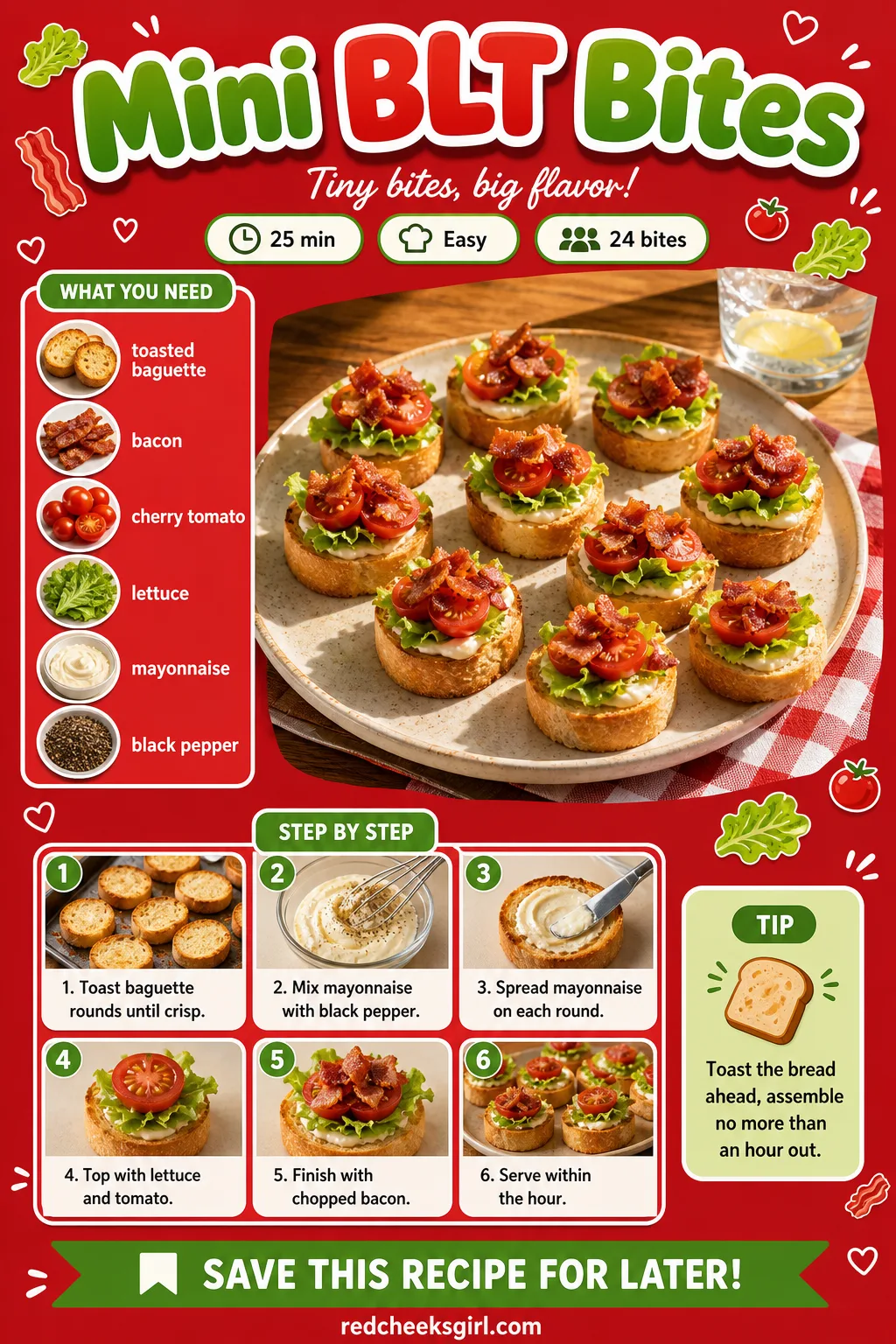 Mini BLT Bites Recipe Card printable sheet — Printable card with photo, ingredients, and steps for mini BLT bites. Christmas appetizers finger foods