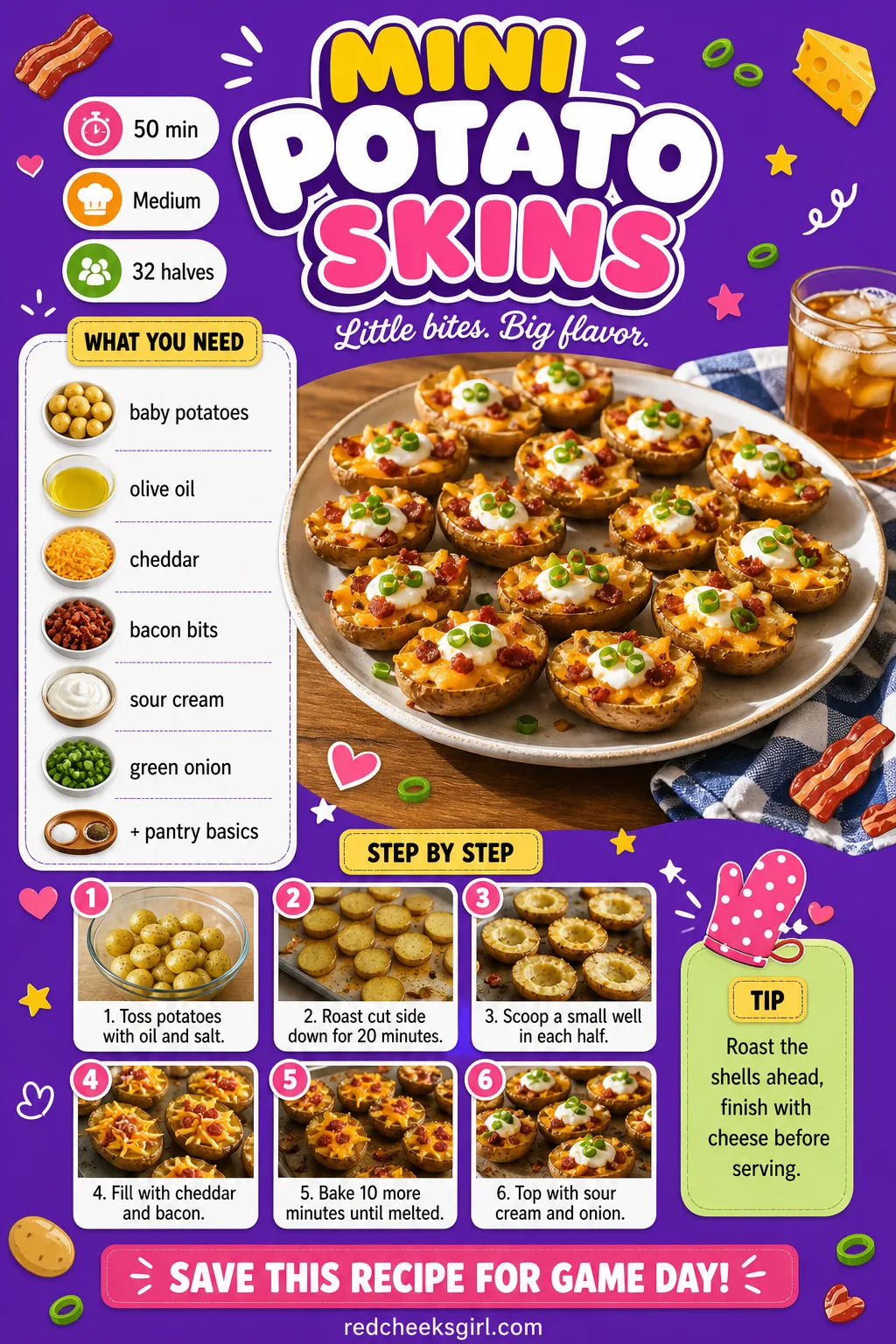 Mini Potato Skins Recipe Card printable sheet — Printable card with photo, ingredients, and steps for mini potato skins. Christmas appetizers finger foods