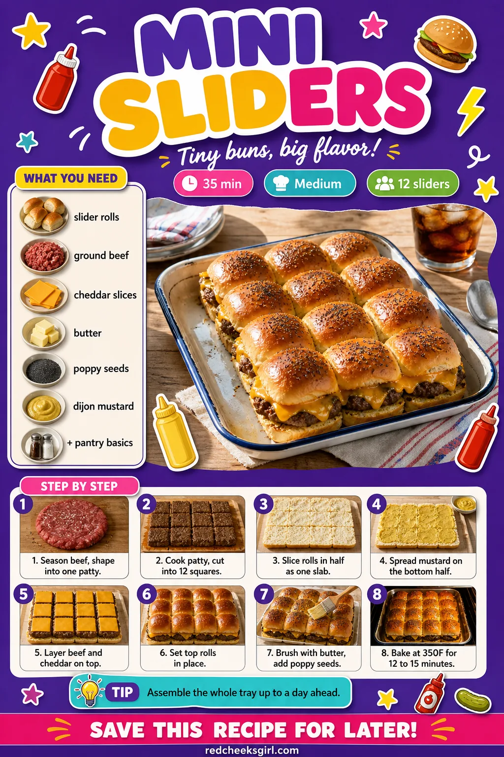 Mini Sliders Recipe Card printable sheet — Printable card with photo, ingredients, and steps for mini sliders. Christmas appetizers finger foods