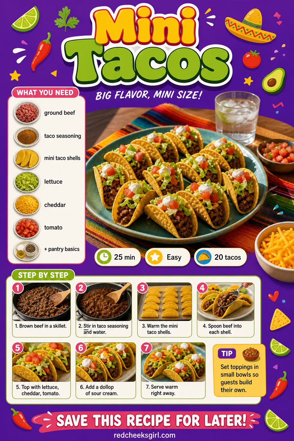 Mini Tacos Recipe Card printable sheet — Printable card with photo, ingredients, and steps for mini tacos. Christmas appetizers finger foods