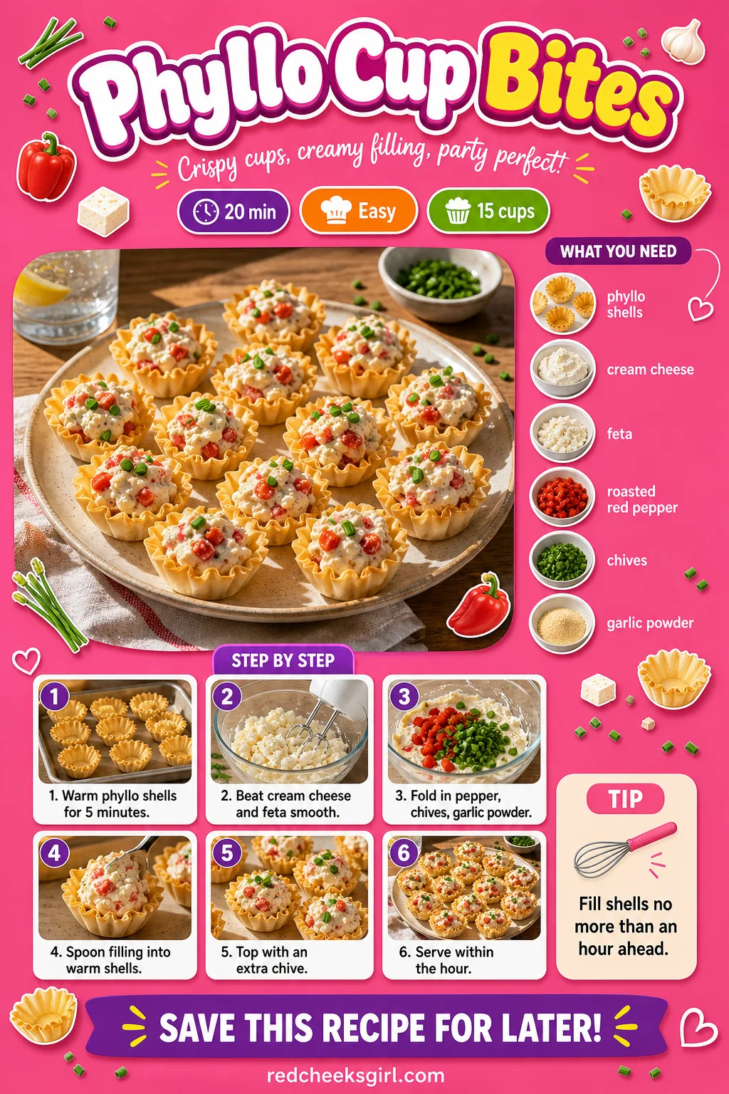 Phyllo Cup Bites Recipe Card printable sheet — Printable card with photo, ingredients, and steps for phyllo cup bites. Christmas appetizers finger foods