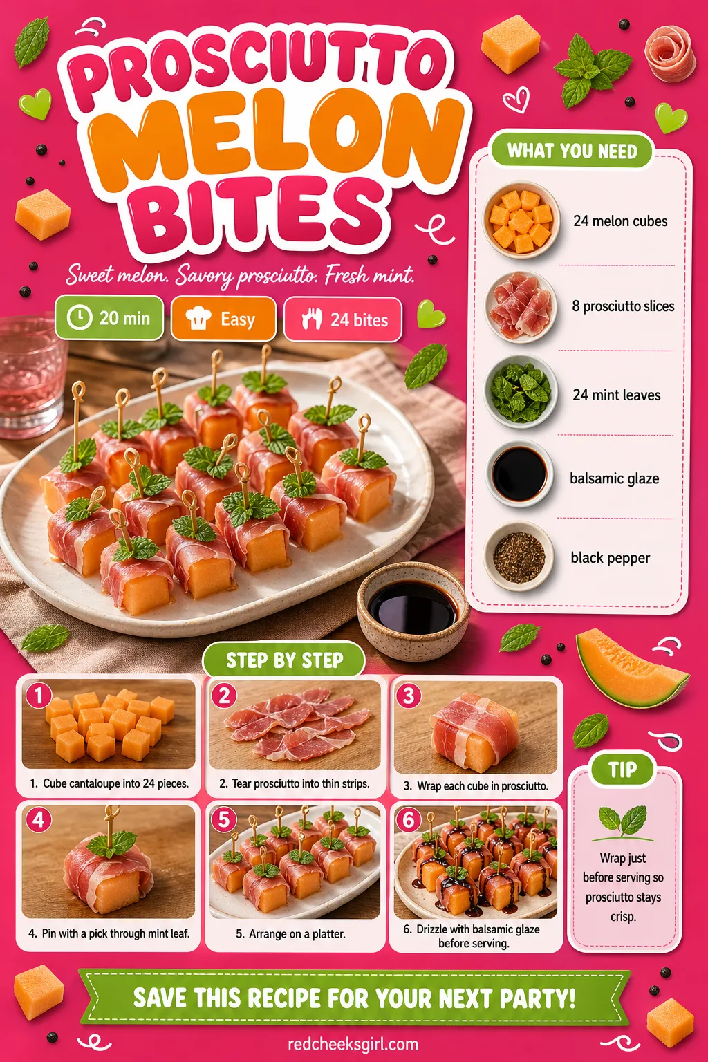 Prosciutto Melon Bites Recipe Card printable sheet — Printable card with photo, ingredients, and steps for prosciutto melon bites. Christmas appetizers finger