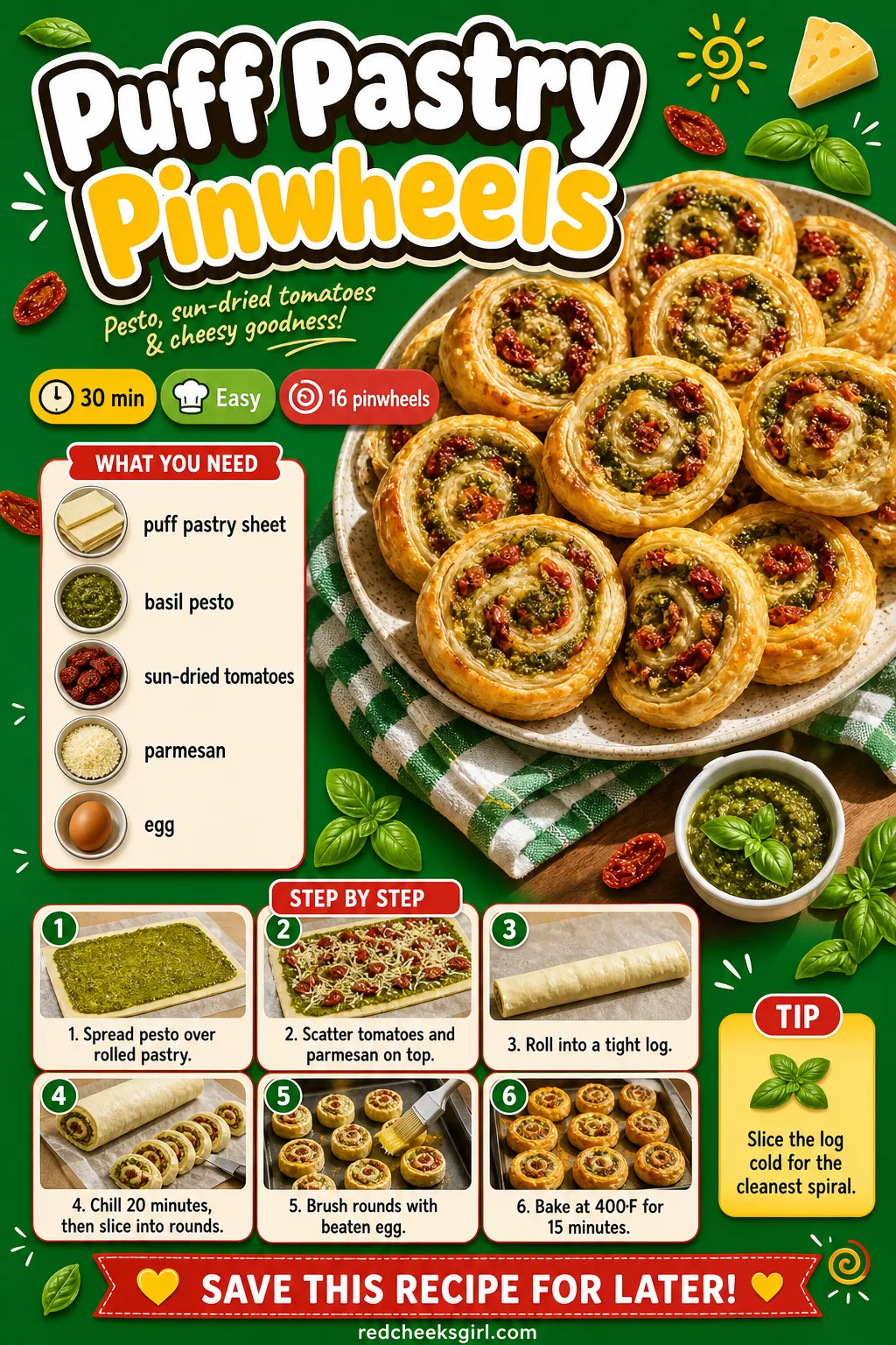Puff Pastry Pinwheels Recipe Card printable sheet — Printable card with photo, ingredients, and steps for puff pastry pinwheels. Christmas appetizers finger