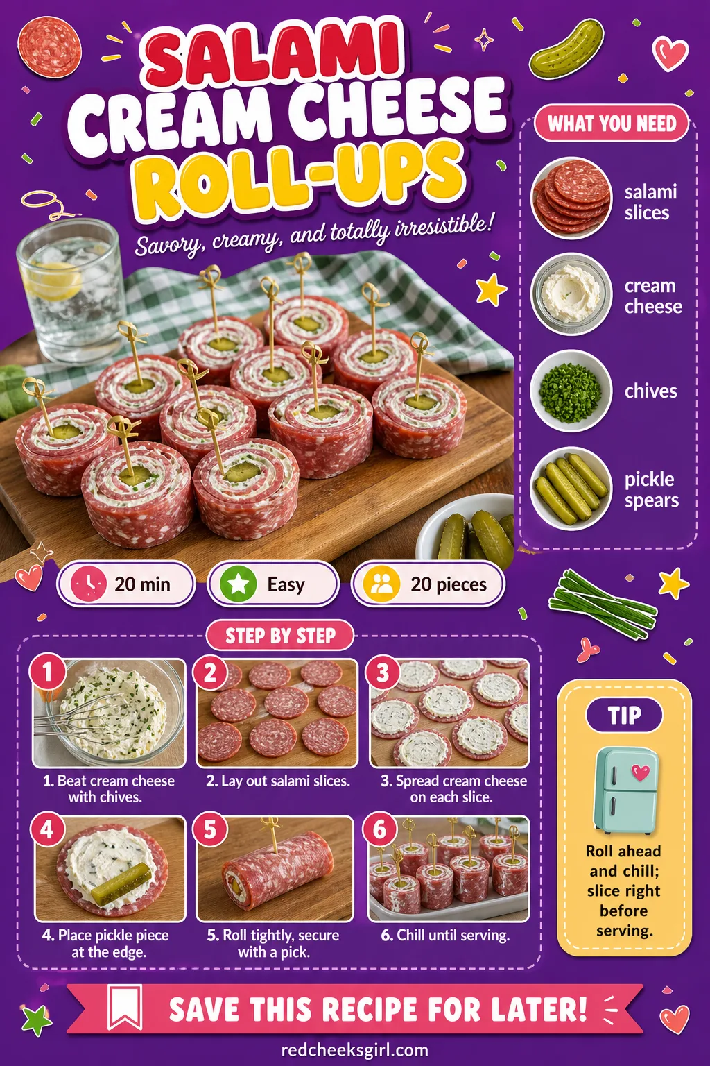 Salami Cream Cheese Roll-Ups Recipe Card printable sheet — Printable card with photo, ingredients, and steps for salami cream cheese roll-ups. Christmas