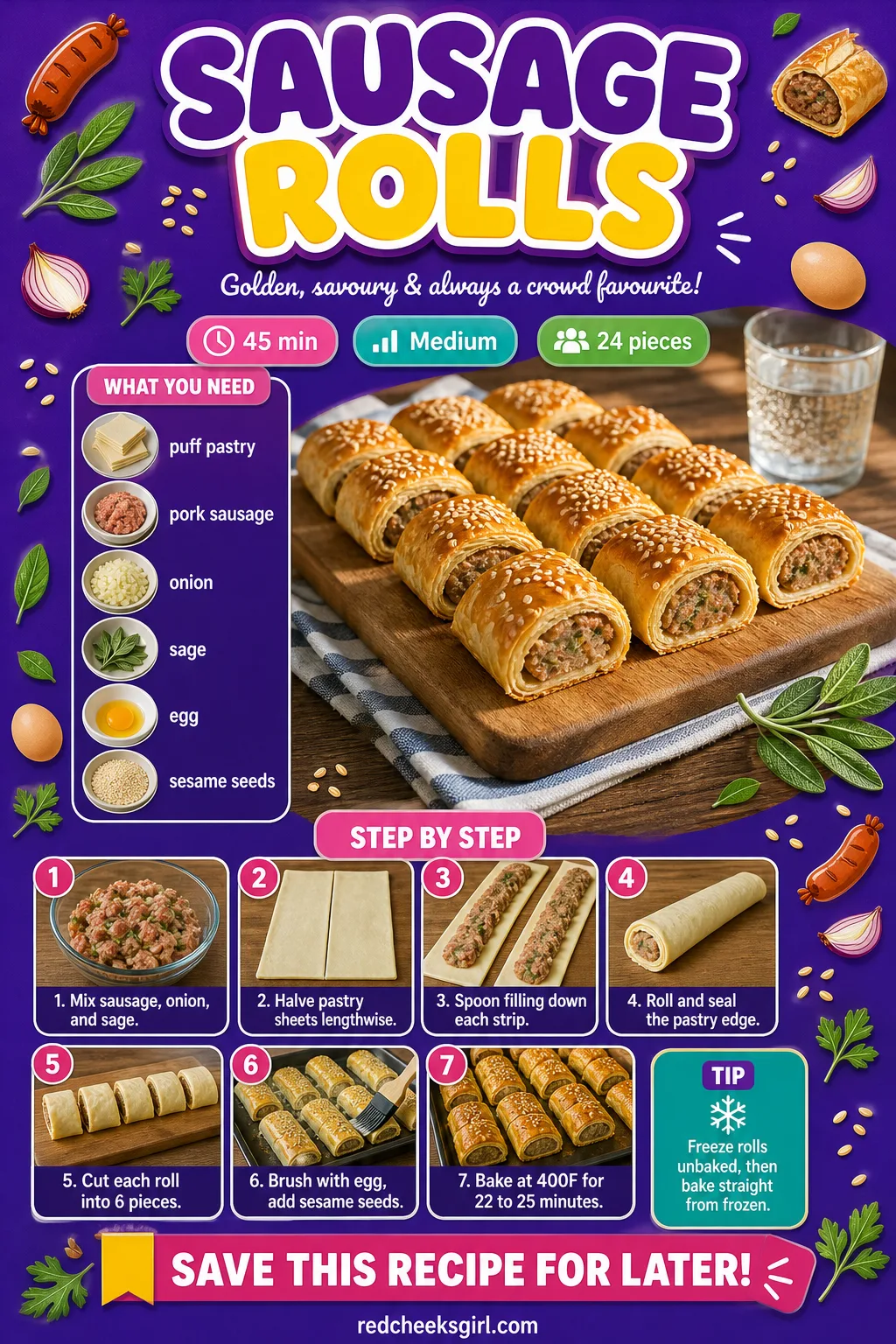 Sausage Rolls Recipe Card printable sheet — Printable card with photo, ingredients, and steps for sausage rolls. Christmas appetizers finger foods