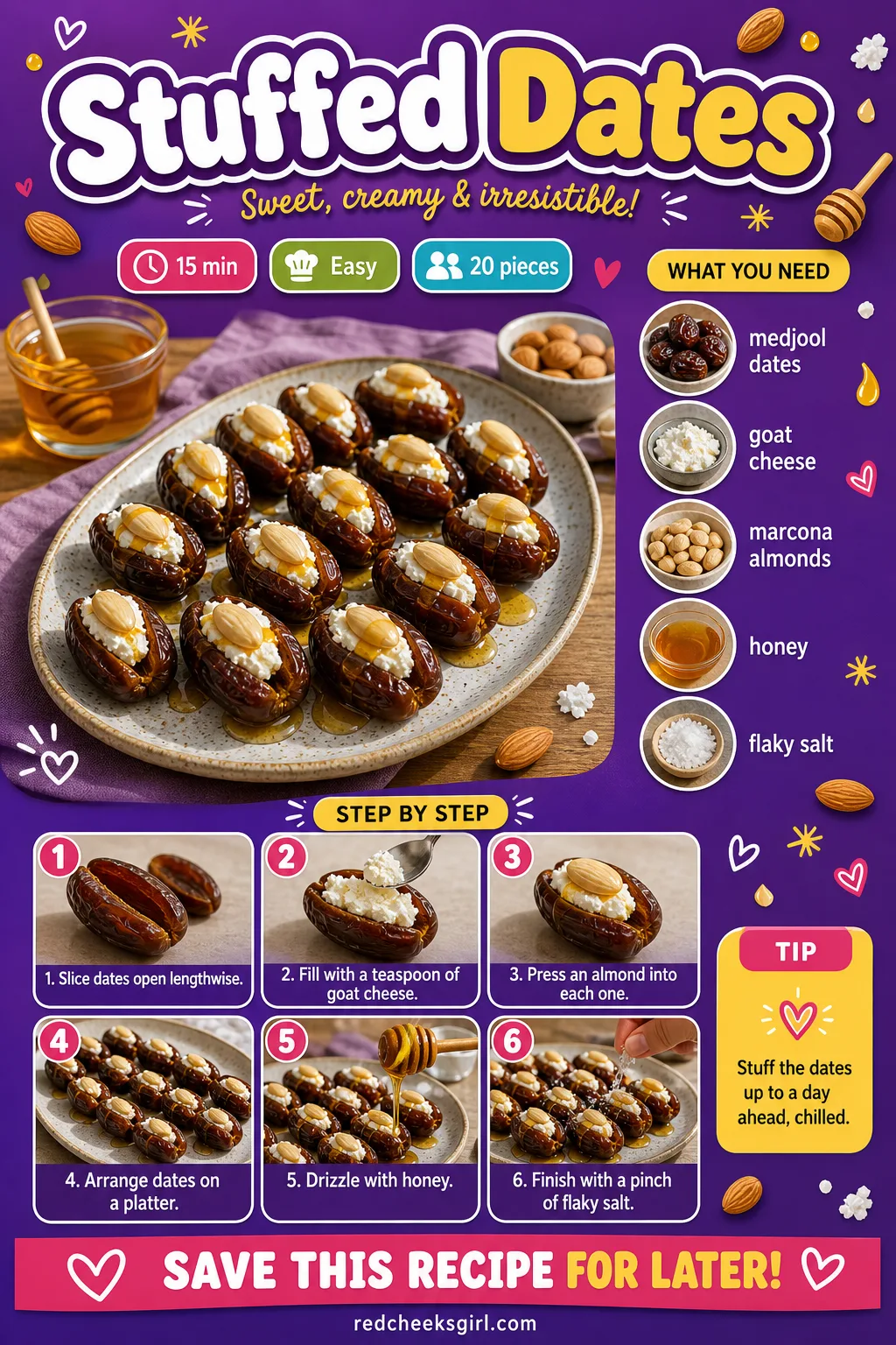 Stuffed Dates Recipe Card printable sheet — Printable card with photo, ingredients, and steps for stuffed dates. Christmas appetizers finger foods