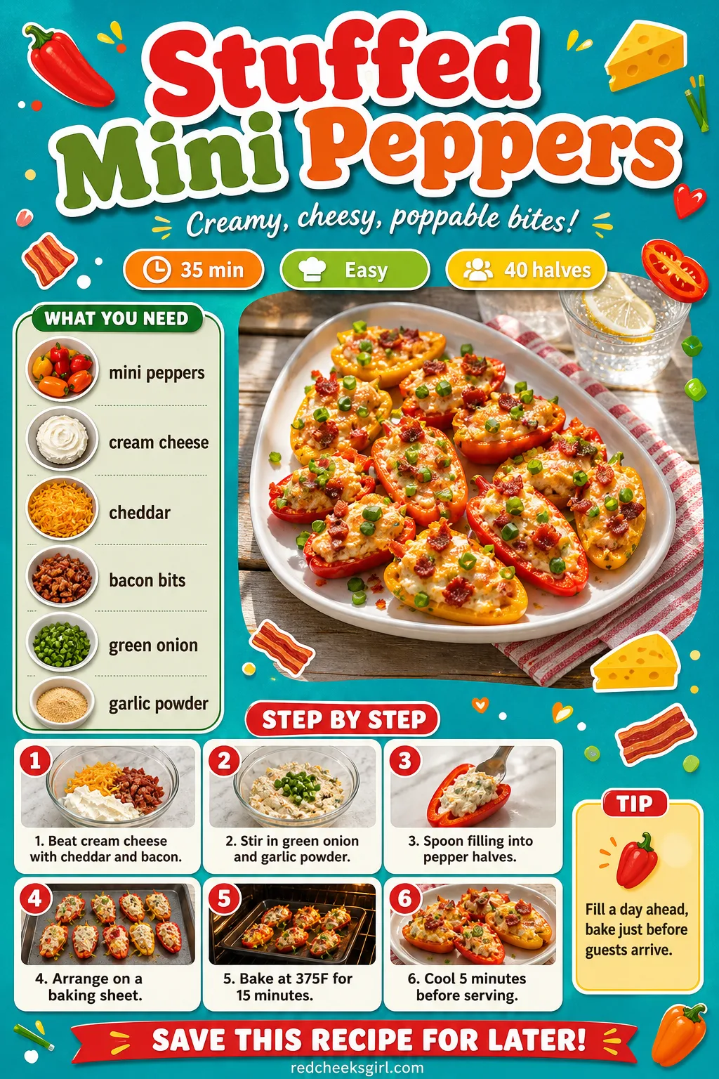 Stuffed Mini Peppers Recipe Card printable sheet — Printable card with photo, ingredients, and steps for stuffed mini peppers. Christmas appetizers finger foods