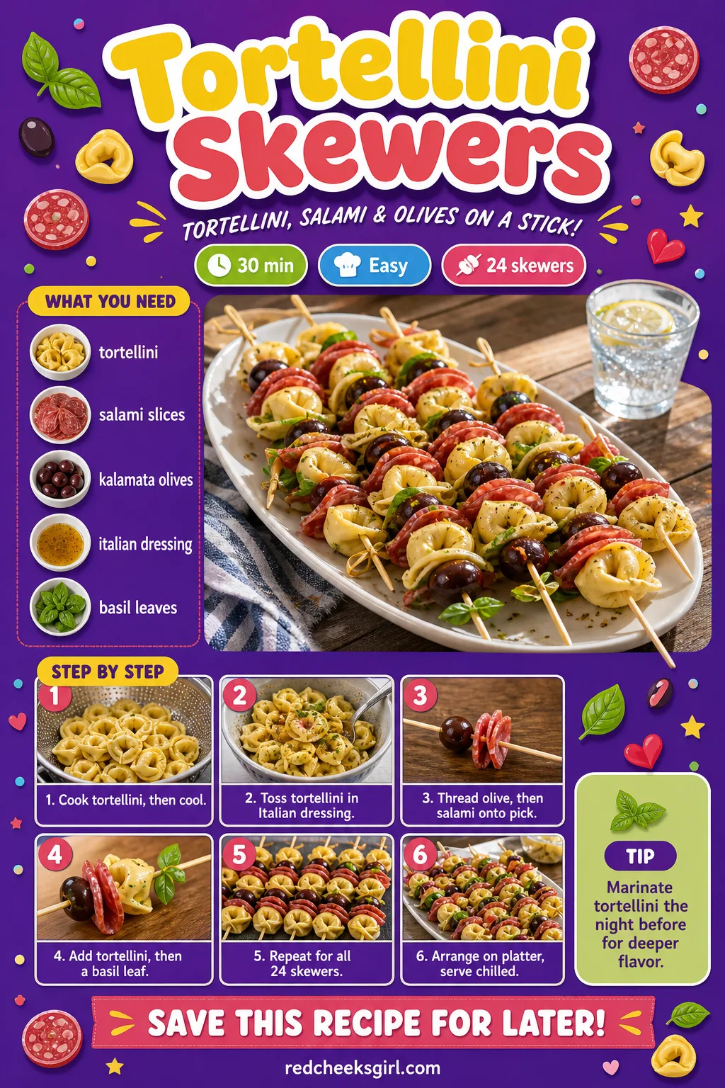 Tortellini Skewers Recipe Card printable sheet — Printable card with photo, ingredients, and steps for tortellini skewers. Christmas appetizers finger foods