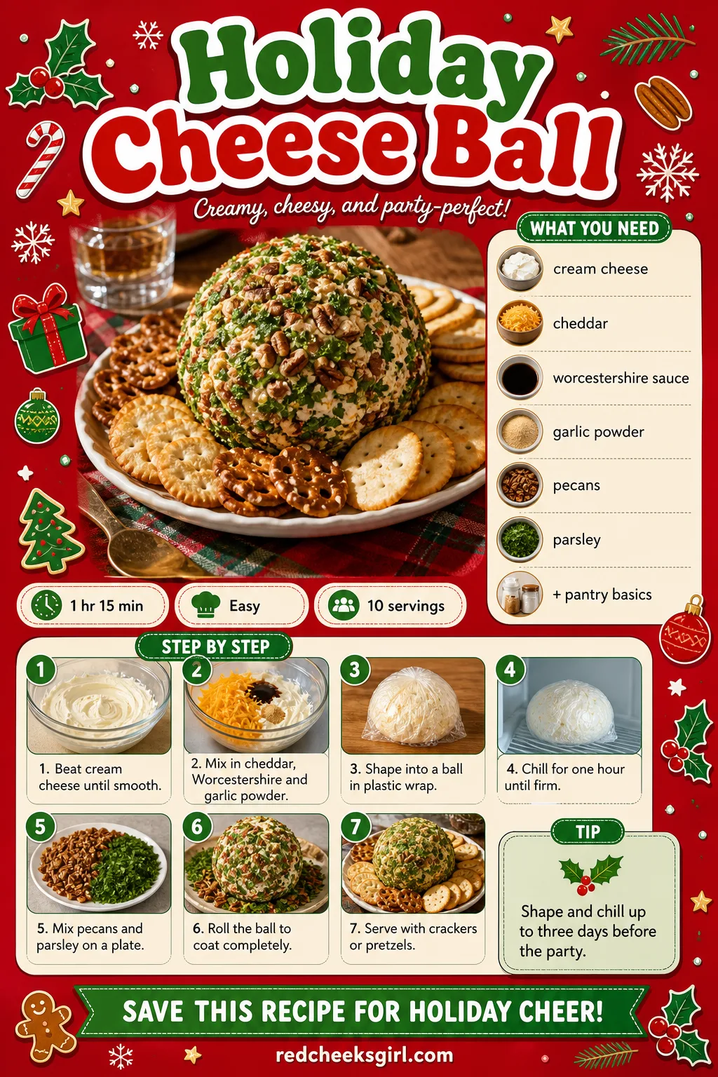 Holiday Cheese Ball Recipe Card printable sheet — Printable recipe card for Holiday Cheese Ball. Christmas party appetizers