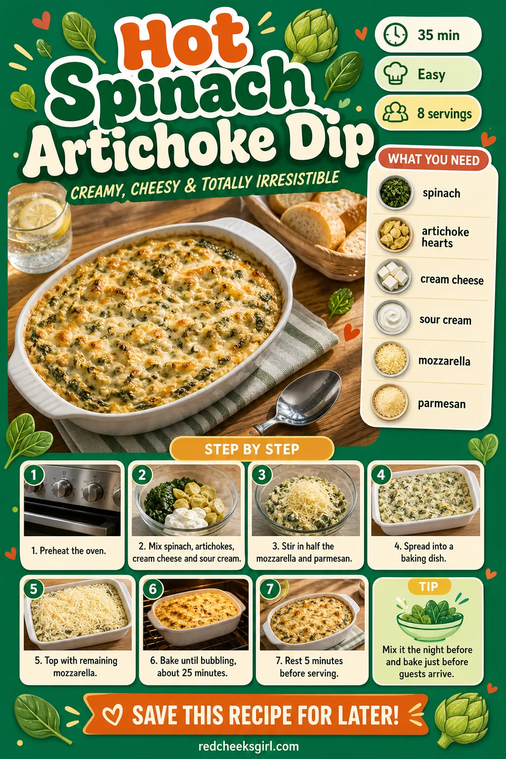 Hot Spinach Artichoke Dip Recipe Card printable sheet — Printable recipe card for Hot Spinach Artichoke Dip. Christmas party appetizers