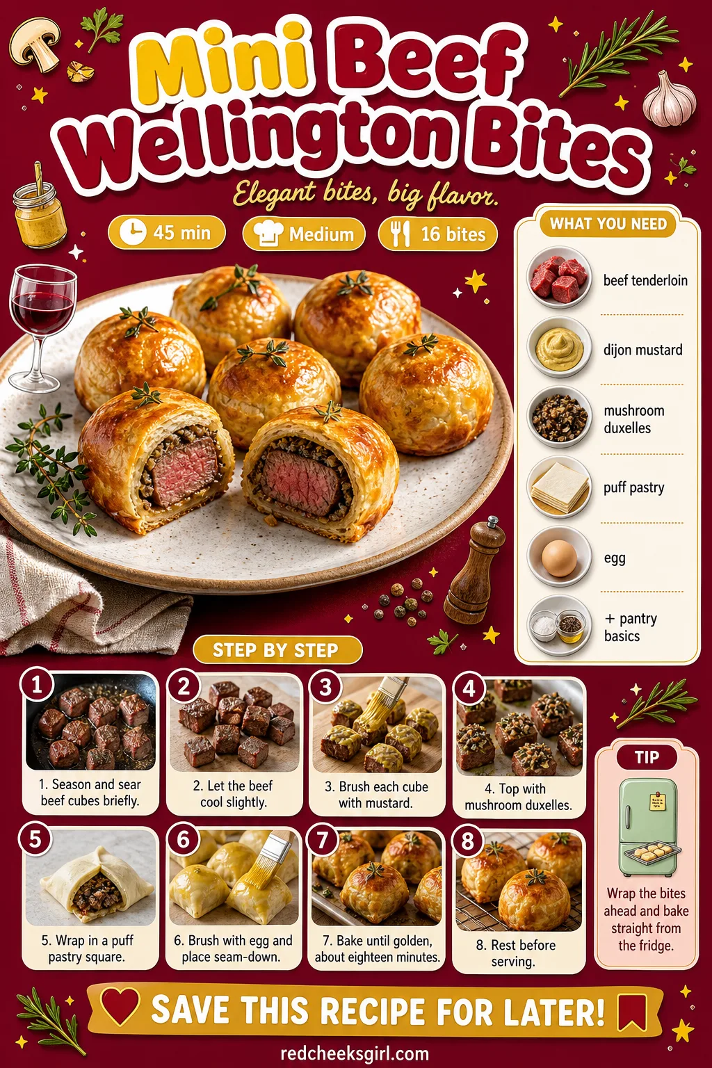 Mini Beef Wellington Bites Recipe Card printable sheet — Printable recipe card for Mini Beef Wellington Bites. Christmas party appetizers