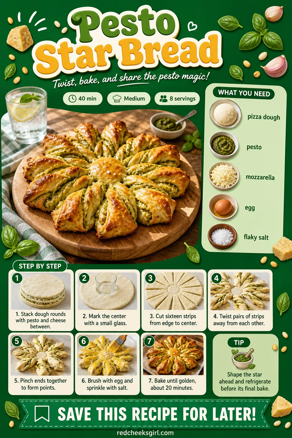 Pesto Star Bread Recipe Card printable sheet — Printable recipe card for Pesto Star Bread. Christmas party appetizers