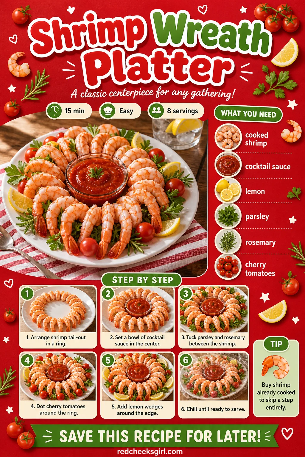 Shrimp Wreath Platter Recipe Card printable sheet — Printable recipe card for Shrimp Wreath Platter. Christmas party appetizers