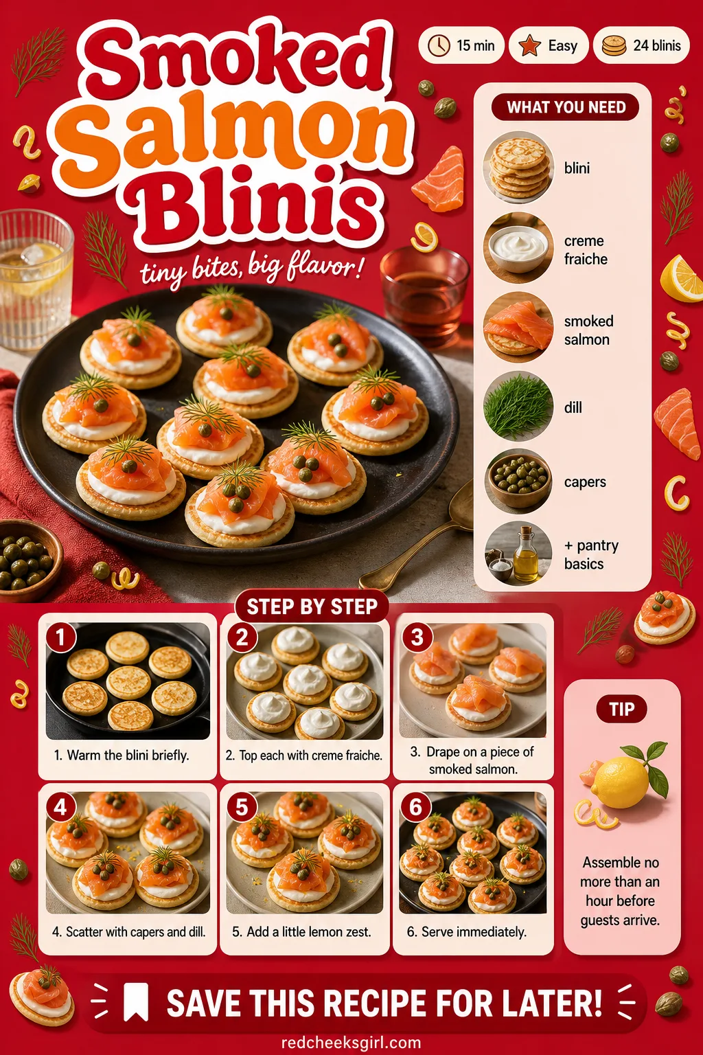 Smoked Salmon Blinis Recipe Card printable sheet — Printable recipe card for Smoked Salmon Blinis. Christmas party appetizers