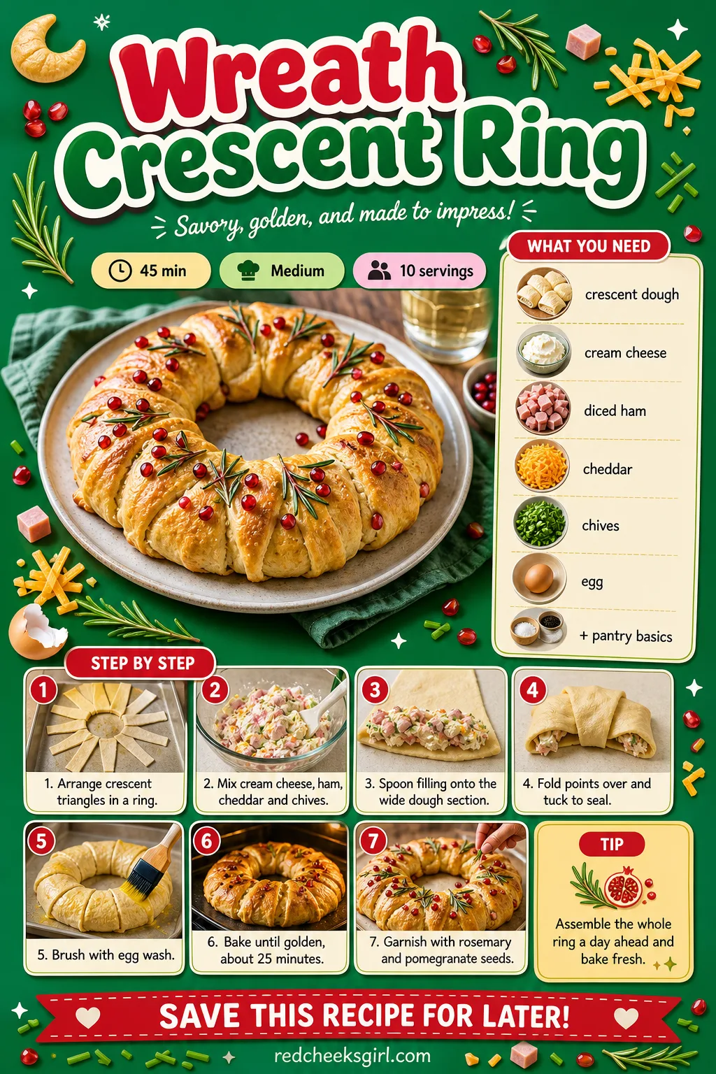 Wreath Crescent Ring Recipe Card printable sheet — Printable recipe card for Wreath Crescent Ring. Christmas party appetizers