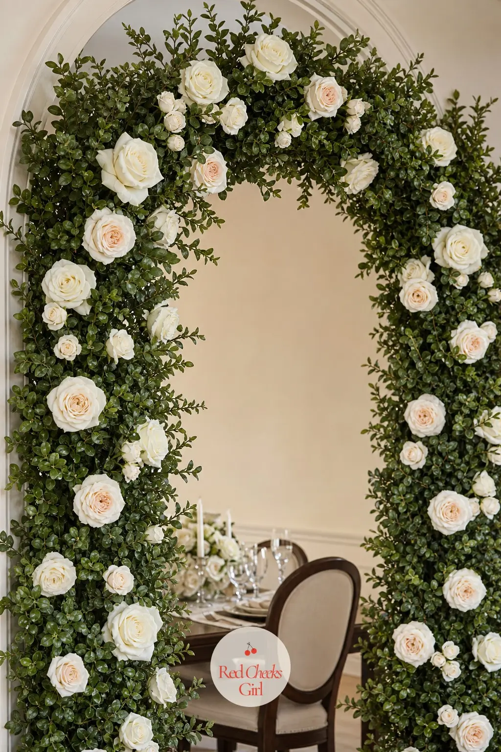 A Boxwood and Ivory Rose Archway for a Soft Entrance — Boxwood is the densest faux greenery on the market, which means it holds its shape over a doorway