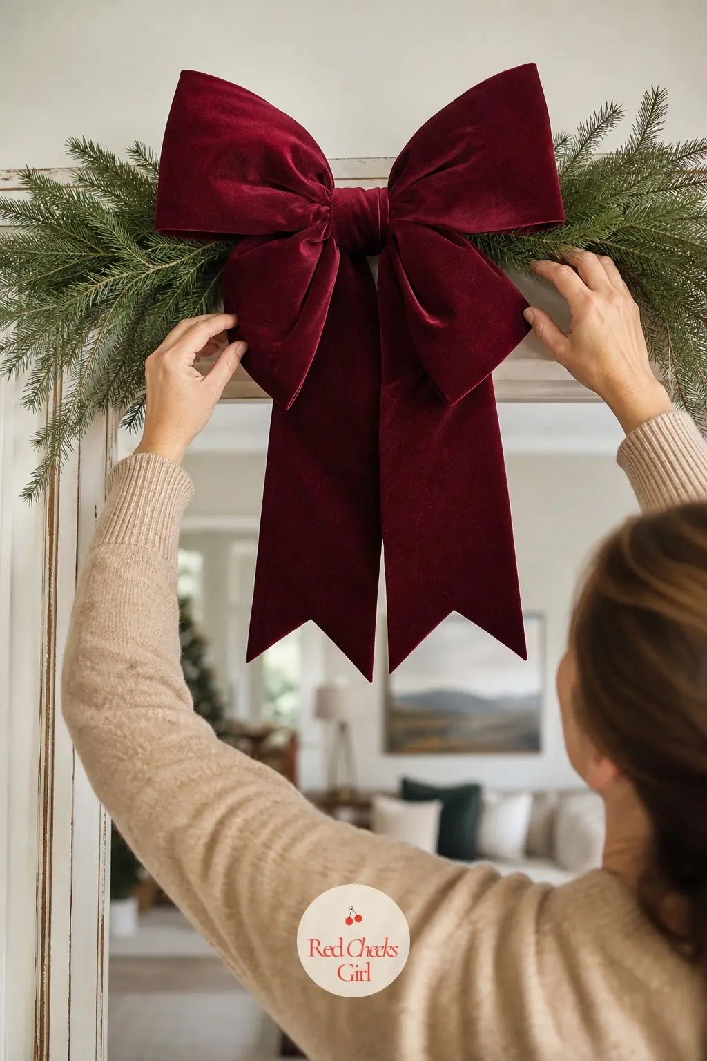 A Giant Single Bow and Pine Pick Archway on a Painted Wood Frame — Build or buy a simple painted wood frame that sits inside the doorway rather than attaching