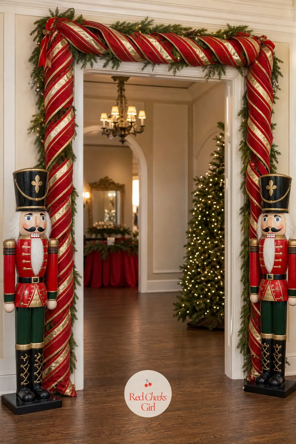 A Nutcracker Sentinel Archway with a Striped Red and Gold Frame — Stand a pair of tall nutcracker figures on either side of the doorway, facing inward like