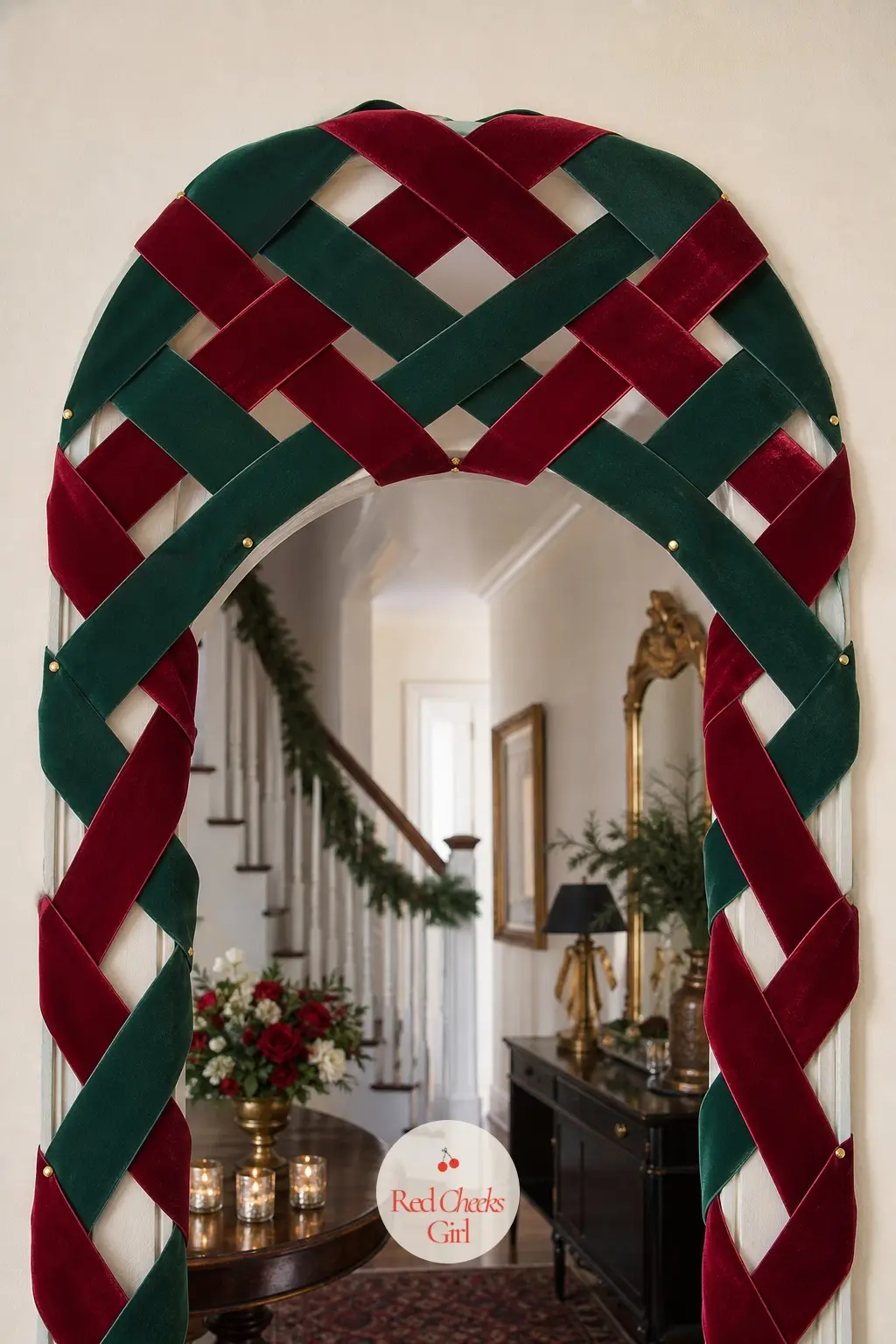 A Velvet Ribbon Lattice Archway in Cranberry and Forest Green — Skip garland altogether and cross wide velvet ribbon in a simple lattice over the opening