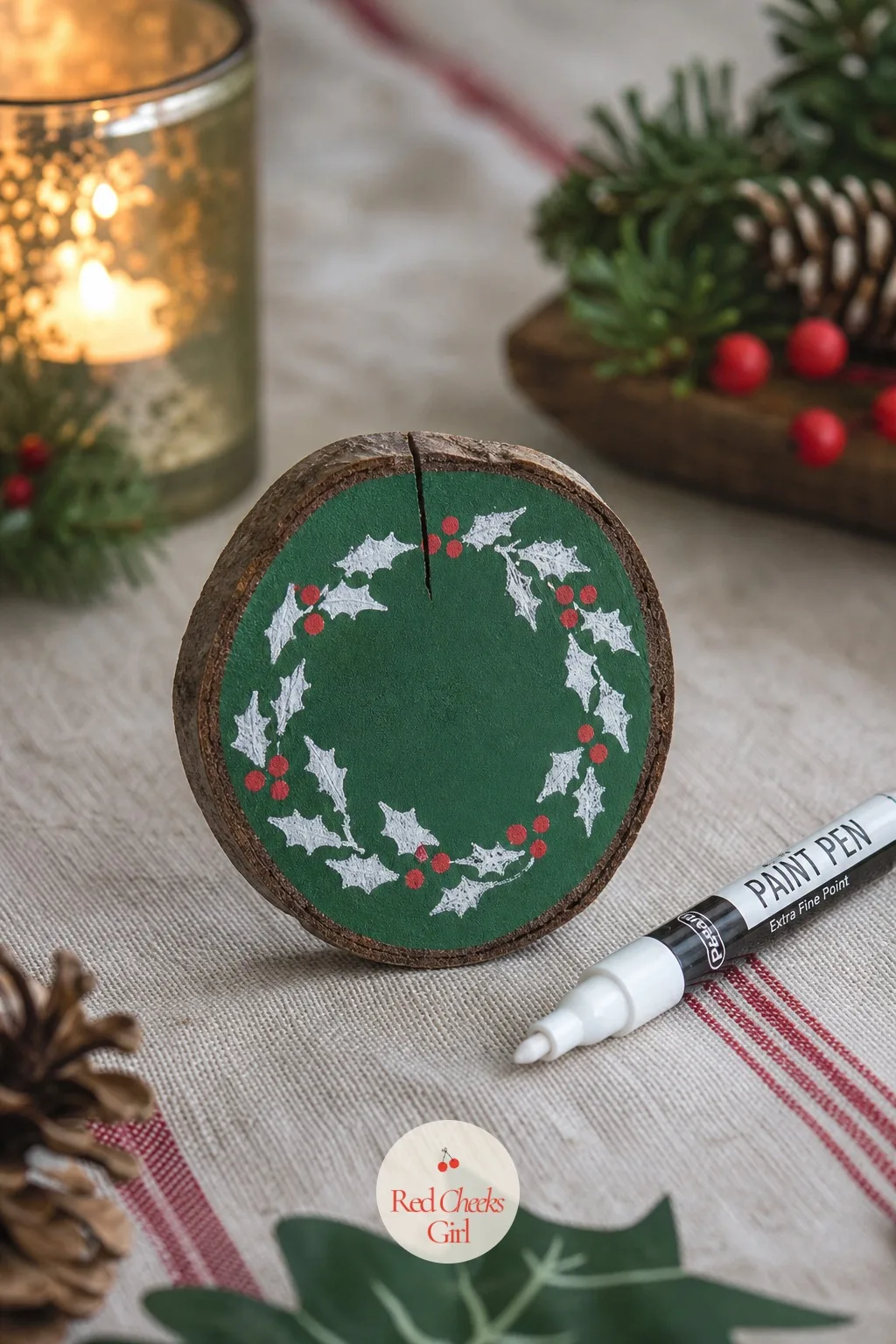 Painted Wood Slice Place Card Holders — Place cards usually mean a folded bit of card stock nobody remembers by dessert. Christmas arts and crafts for kids