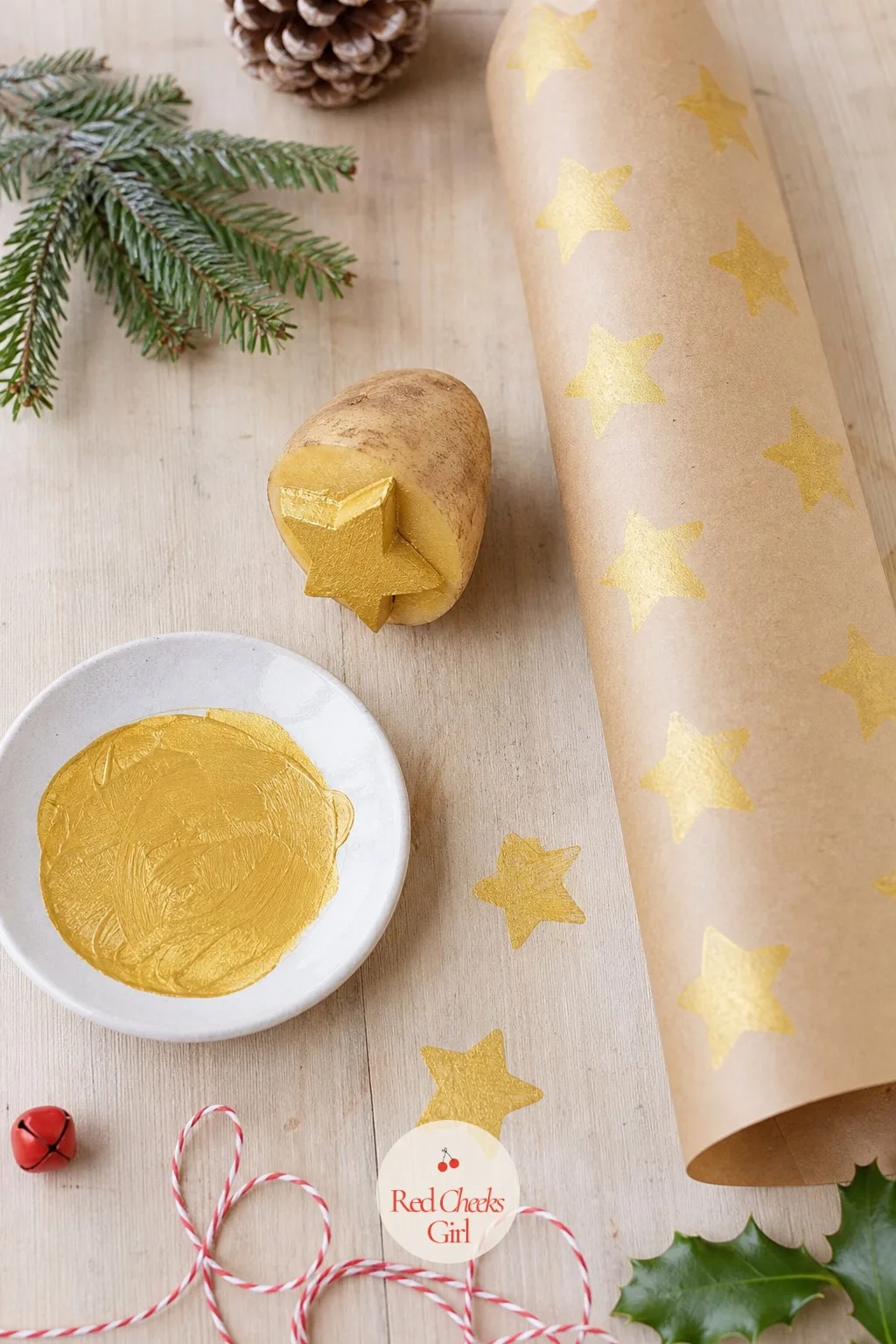 Potato Stamped Wrapping Paper — Rolls of wrapping paper from the shop all look identical under the tree by December twentieth. Christmas arts and crafts for