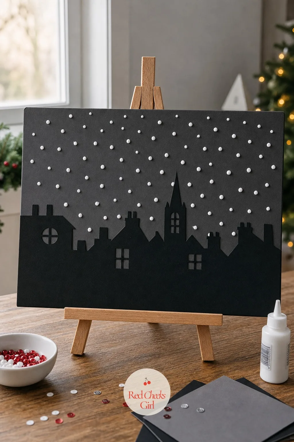 Puffy Paint Silhouette Skyline — A plain paper snowman has been done in every classroom already, and a ten year old knows it. Christmas arts and crafts for kids
