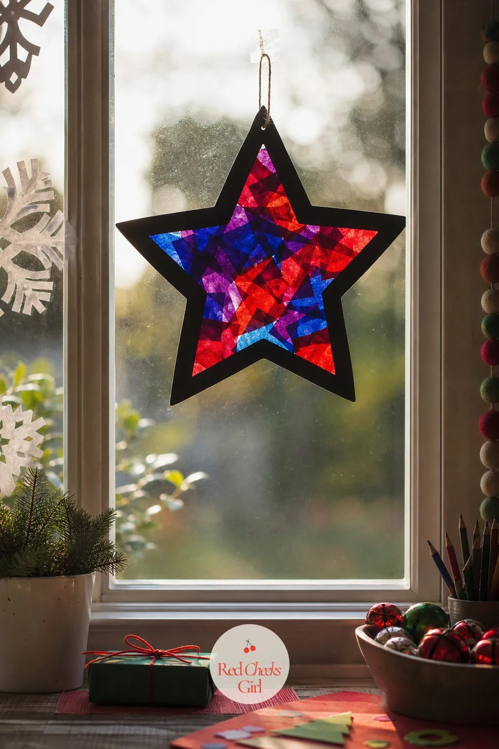Tissue Paper Stained Glass Window Stars — A dark window at four in the afternoon is just a black rectangle until something colored is stuck to it. Christmas