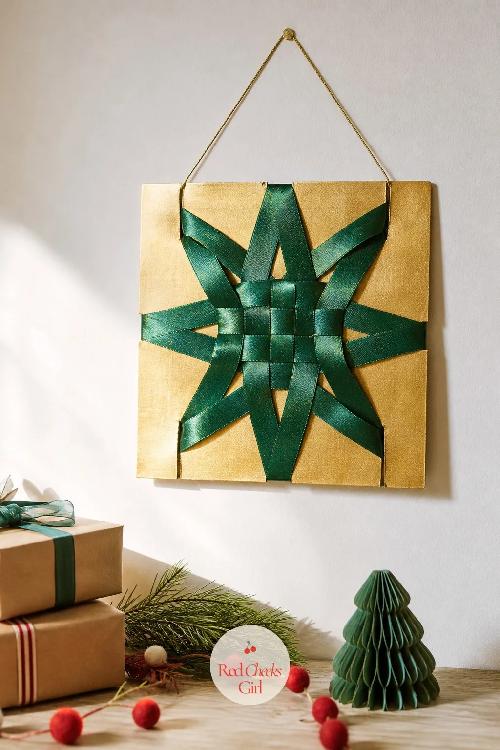 Woven Ribbon Star Wall Art — String art usually means nails and a hammer, which is one tool too many for a kitchen table project. Christmas arts and crafts for