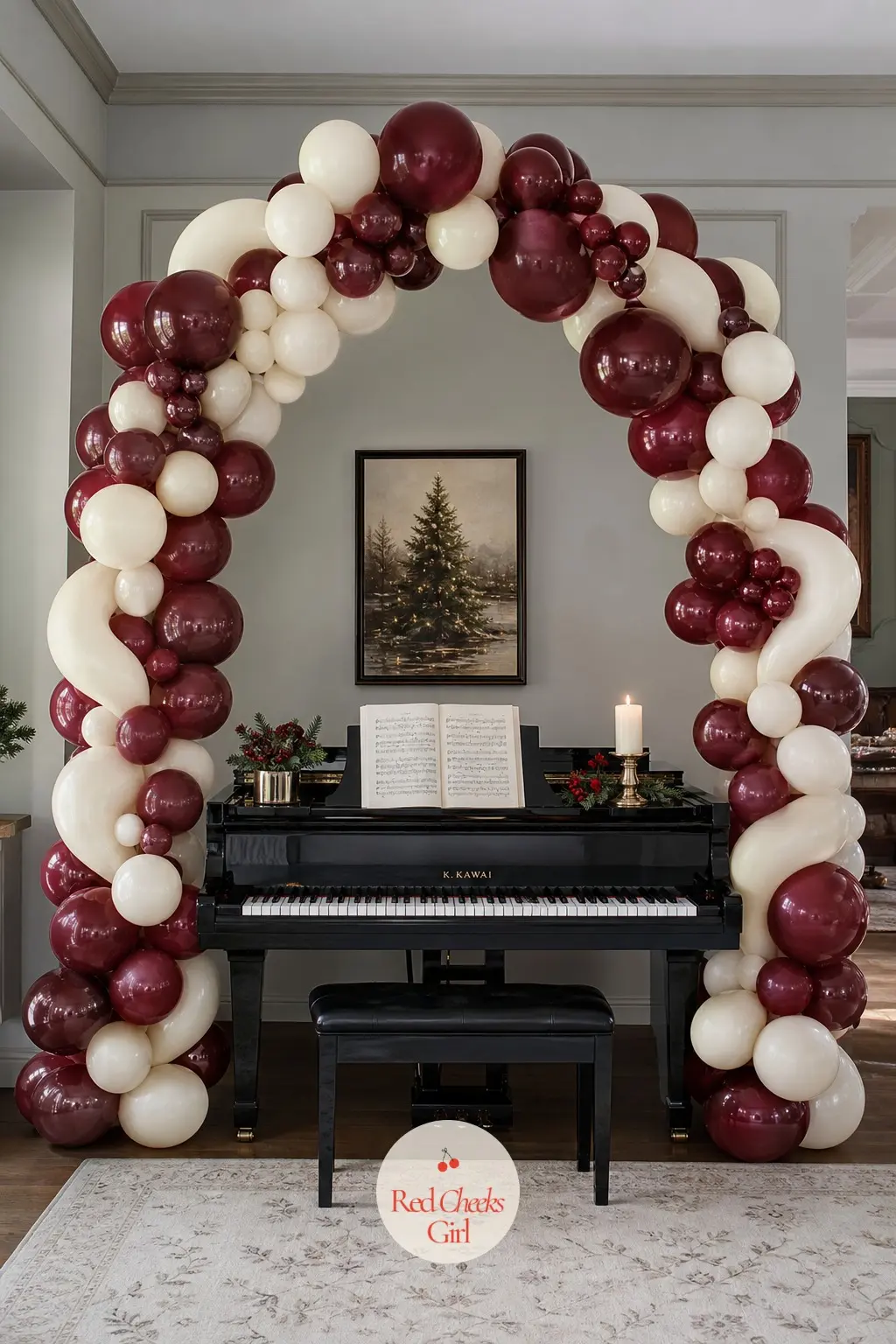 A Burgundy and Ivory Swirl Balloon Arch Over the Piano — Twisting burgundy and ivory balloons together instead of clustering them by colour gives a soft