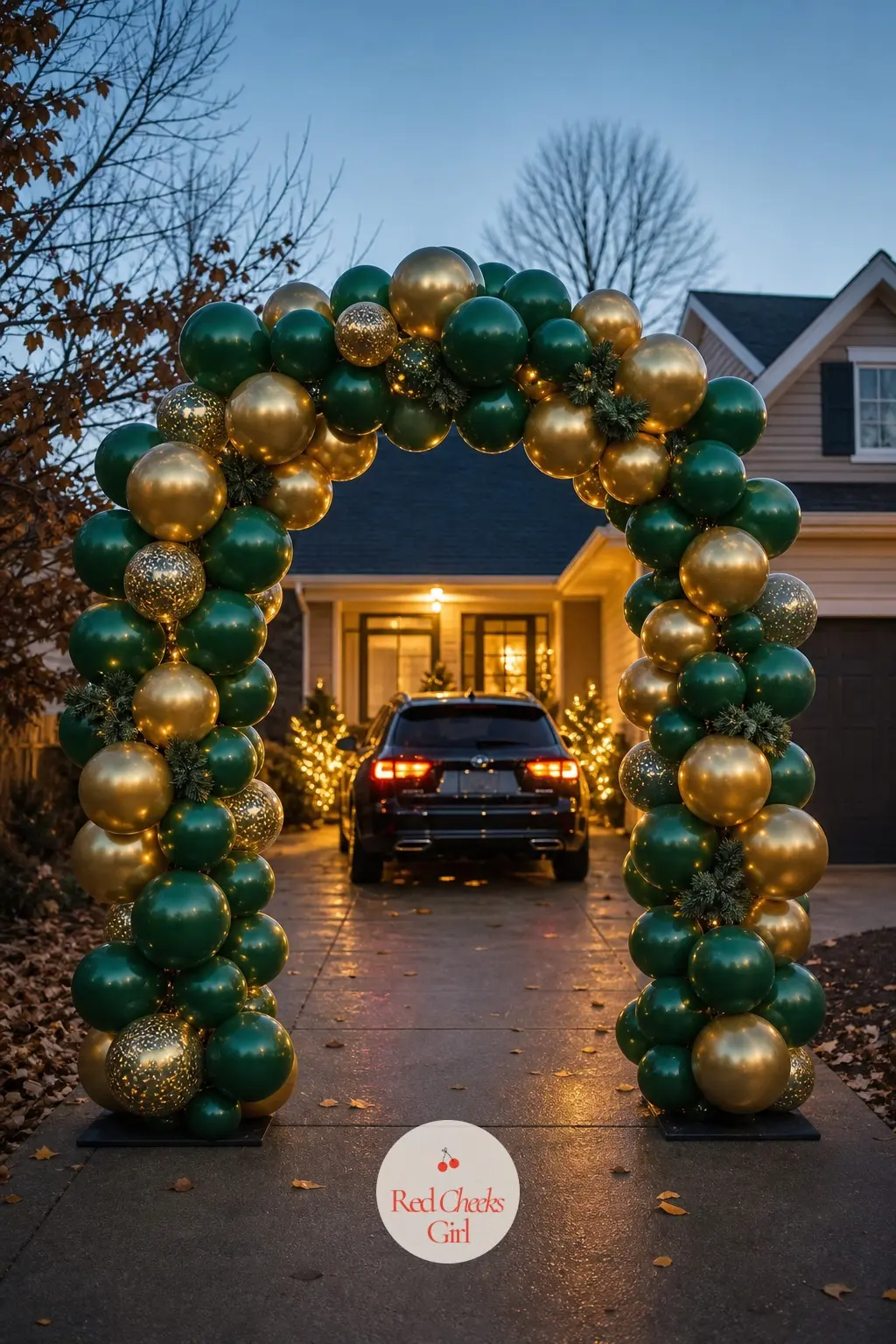 An Emerald and Warm Gold Balloon Arch Over the Driveway Send-Off — Built over the car instead of the door, this one turns the last five minutes of the party