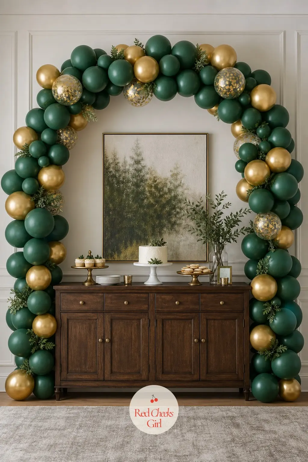 A Forest Green and Gold Balloon Arch Framing the Dessert Sideboard — A sideboard already does a lot of visual work with cake stands and platters, so this arch