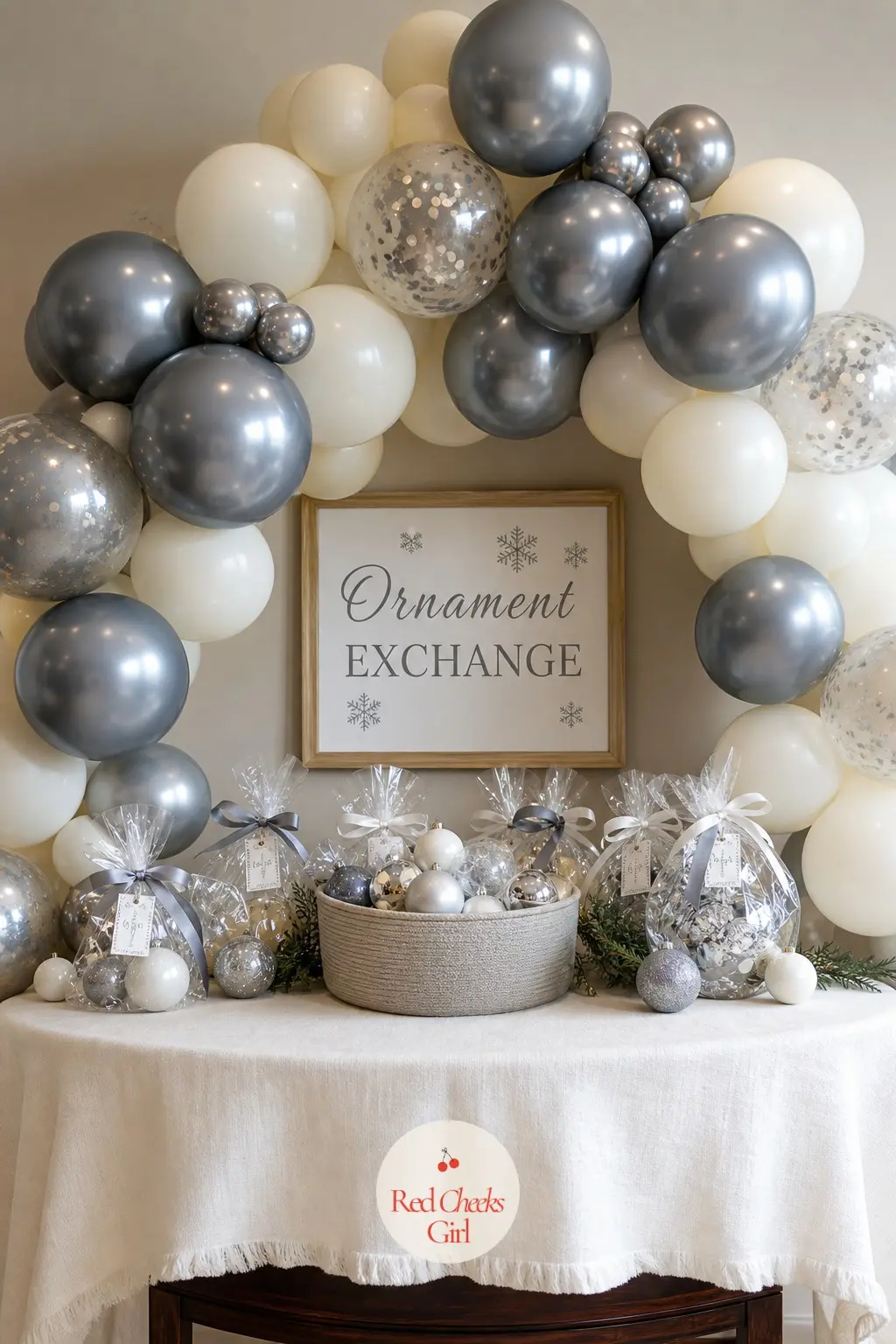 A Pewter Grey and Ivory Balloon Arch Over the Ornament-Exchange Table — An ornament swap needs a table that looks a little special without pulling focus from