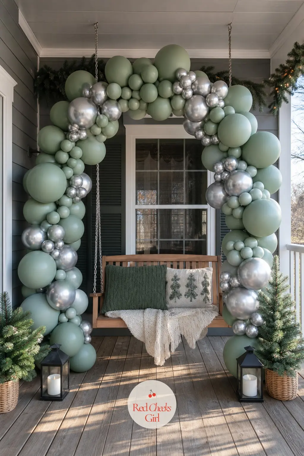 A Sage Green and Silver Balloon Arch Over the Porch Swing — Latex holds up outdoors better than most people expect, but cold snaps make it brittle, so build