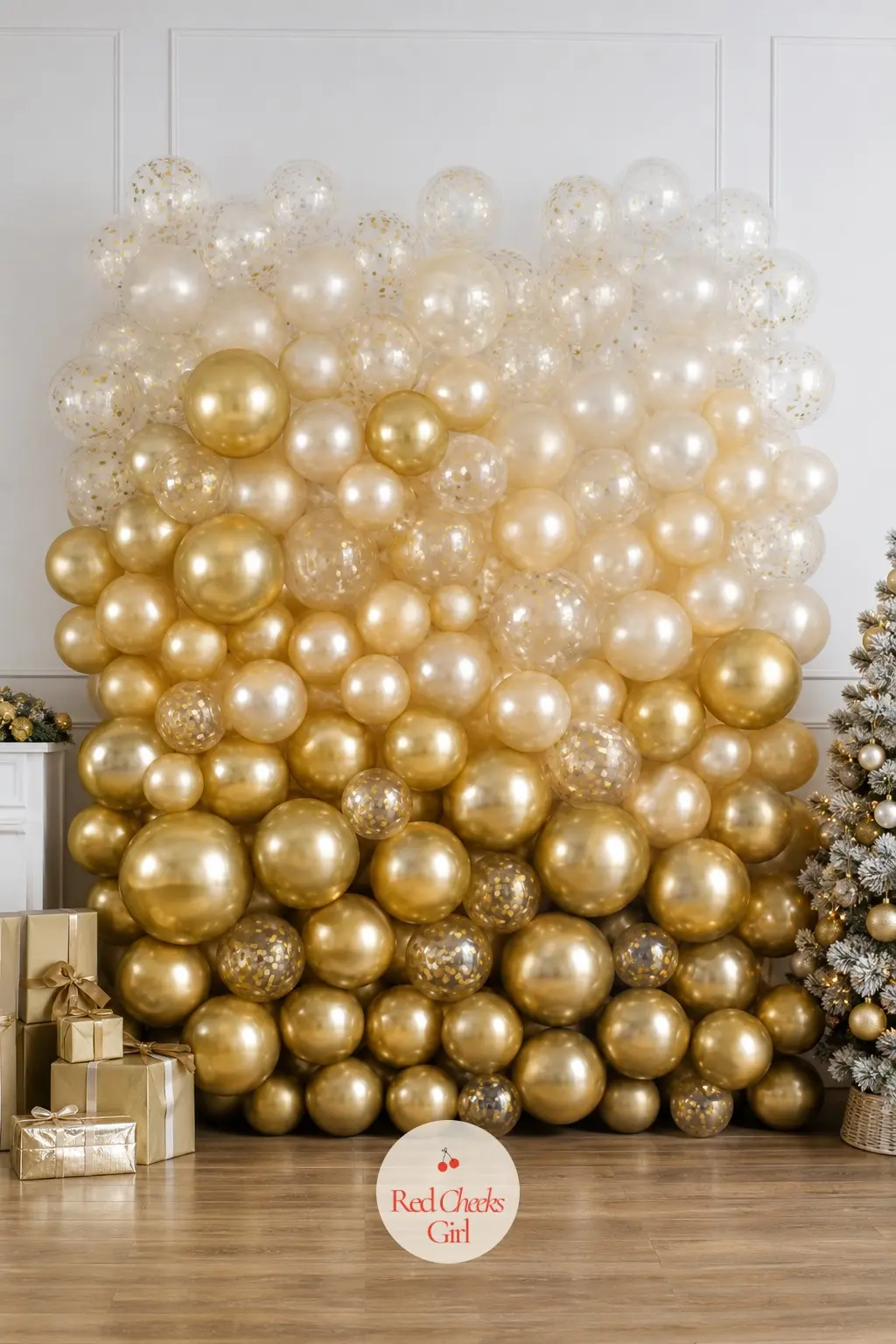 A Champagne Gold Ombre Balloon Wall Fading Into Clear Confetti Orbs — Deep champagne gold at the base, lightening through pale gold, and finishing in clear