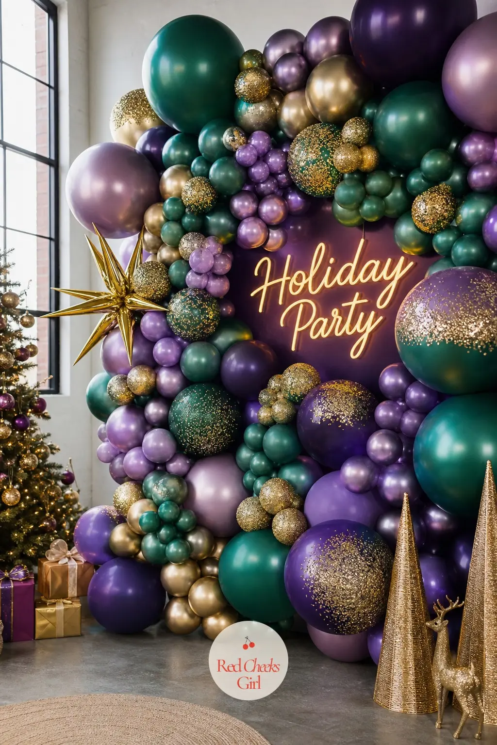 An Emerald and Amethyst Balloon Mosaic Wall With Glitter-Dipped Clusters — Emerald and deep amethyst together read more like a jewellery box than a tree