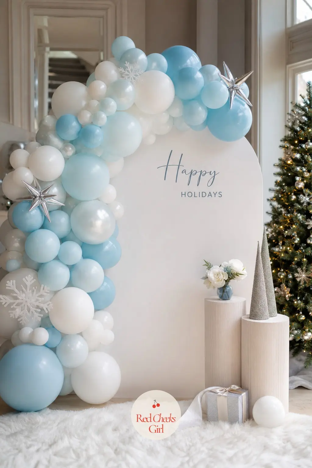 A Pearl White and Icy Blue Balloon Cloud on a Curved Foam Panel — Two curved foam panels, covered edge to edge in puffed pearl white and icy blue balloons