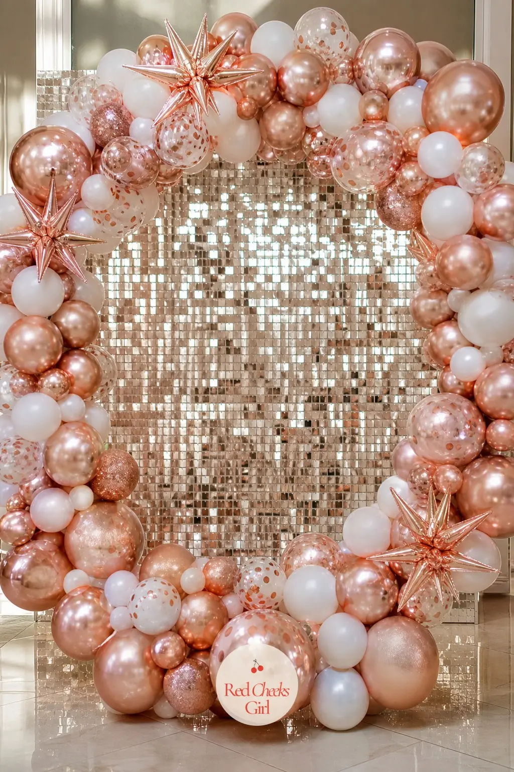A Rose Gold and White Balloon Circle Frame on a Mirror Panel — A circle frame wrapped in rose gold and white balloons, set in front of a mirrored panel