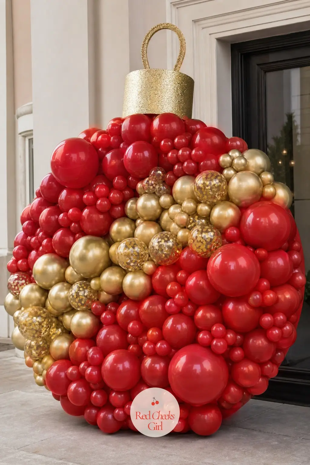 A Ruby Red and Gold Confetti Balloon Backdrop Shaped Into a Giant Ornament — Instead of a square or a circle, shape the whole cluster into one oversized