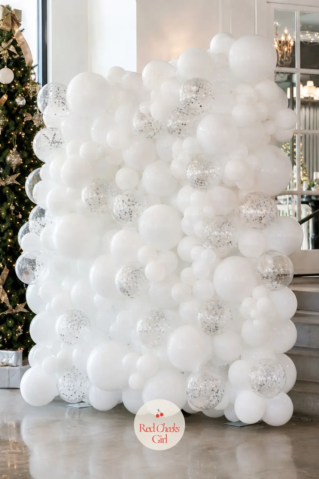 A Snow-Drift Balloon Grid in White and Clear Confetti Orbs — A grid reads more controlled than an organic cluster, which suits a corner rather than a full