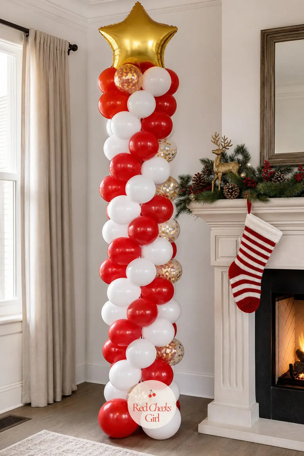 A Candy Cane Balloon Column Standing Beside the Fireplace — A floor-to-shoulder column of red and white balloons stacked on a central pole stands in for the
