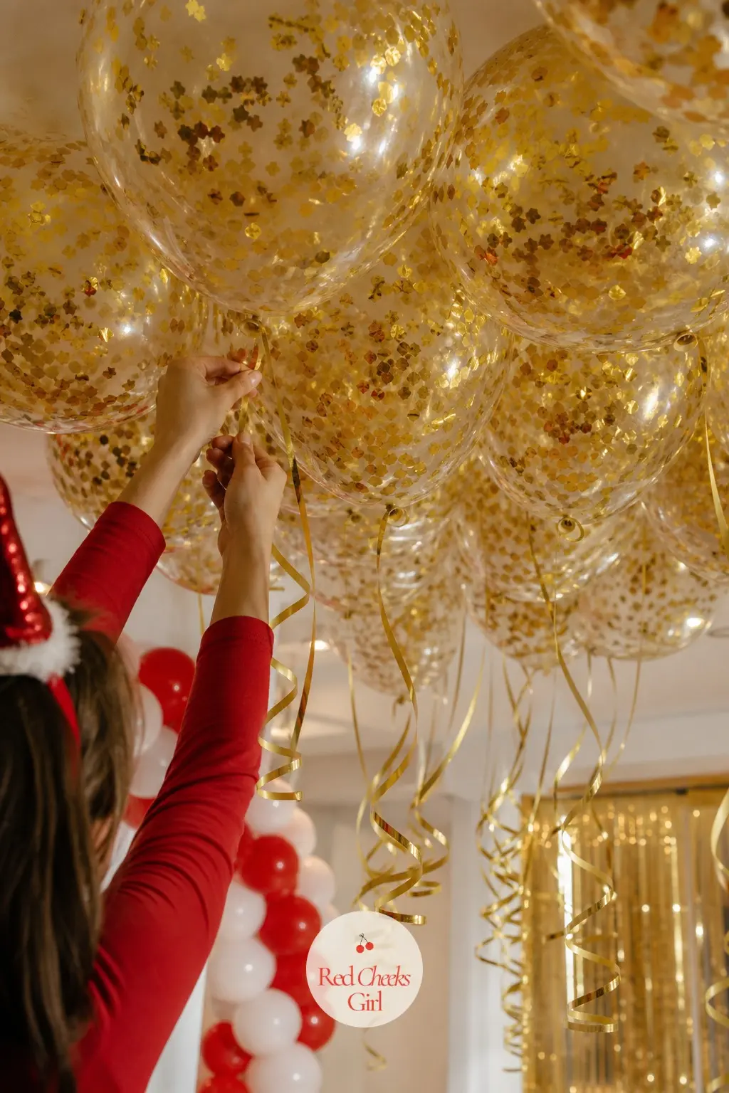 A Ceiling Cloud of Gold Confetti Balloons Over the Dance Floor — A loose bunch of gold confetti balloons bunched tight against the ceiling catches every string