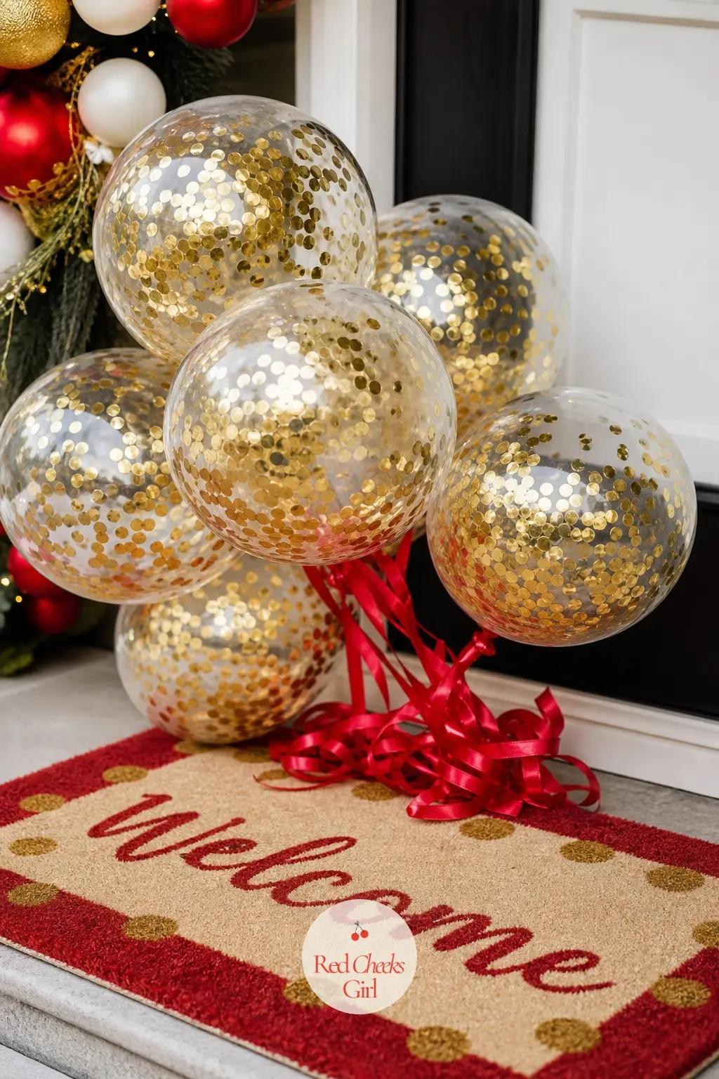 A Cluster of Gold Confetti Balloons Anchored by the Welcome Mat — Clear balloons packed with gold confetti and weighted with a hidden base sit low beside the