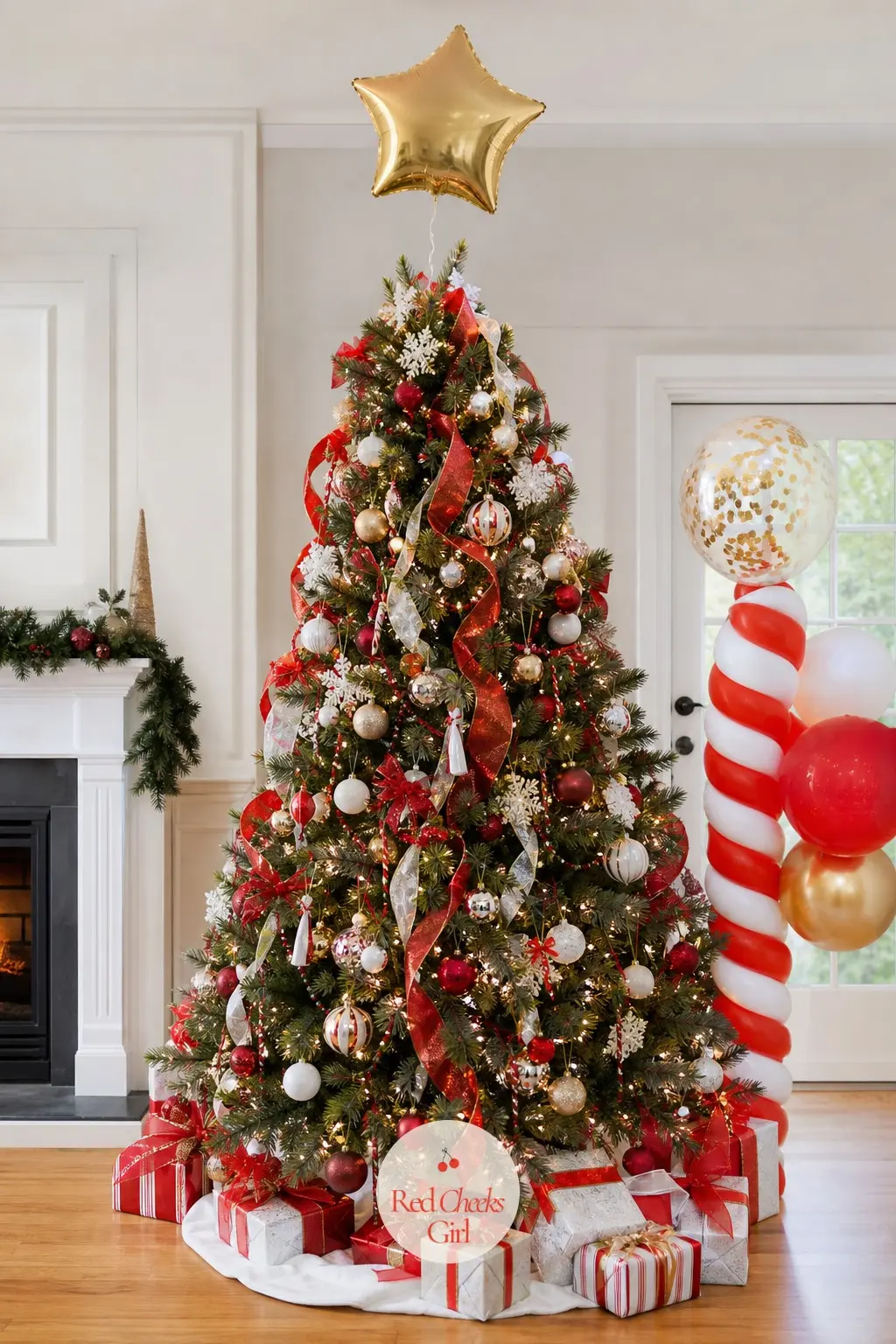A Giant Gold Star Foil Balloon Floating Above the Tree — A single oversized gold star foil balloon nestled among the top branches does the job a tree topper
