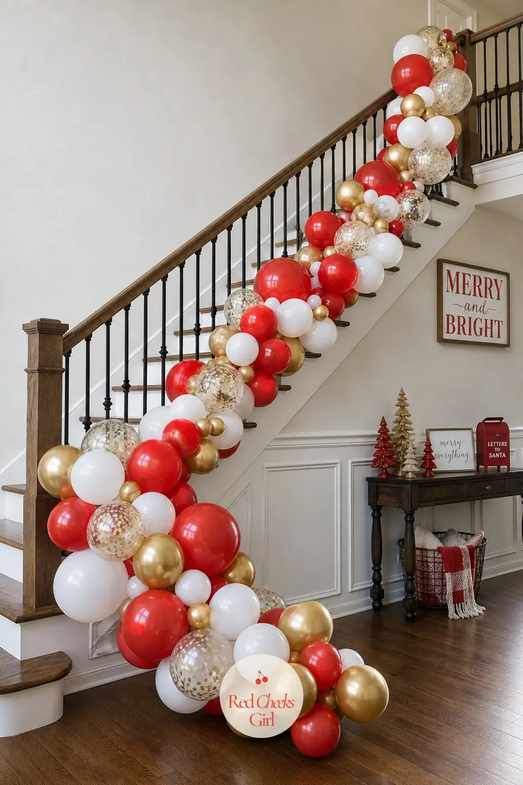 An Organic Balloon Garland Looped Along the Staircase Banister — Clusters of red, white and gold balloons in varied sizes loop along the banister the way