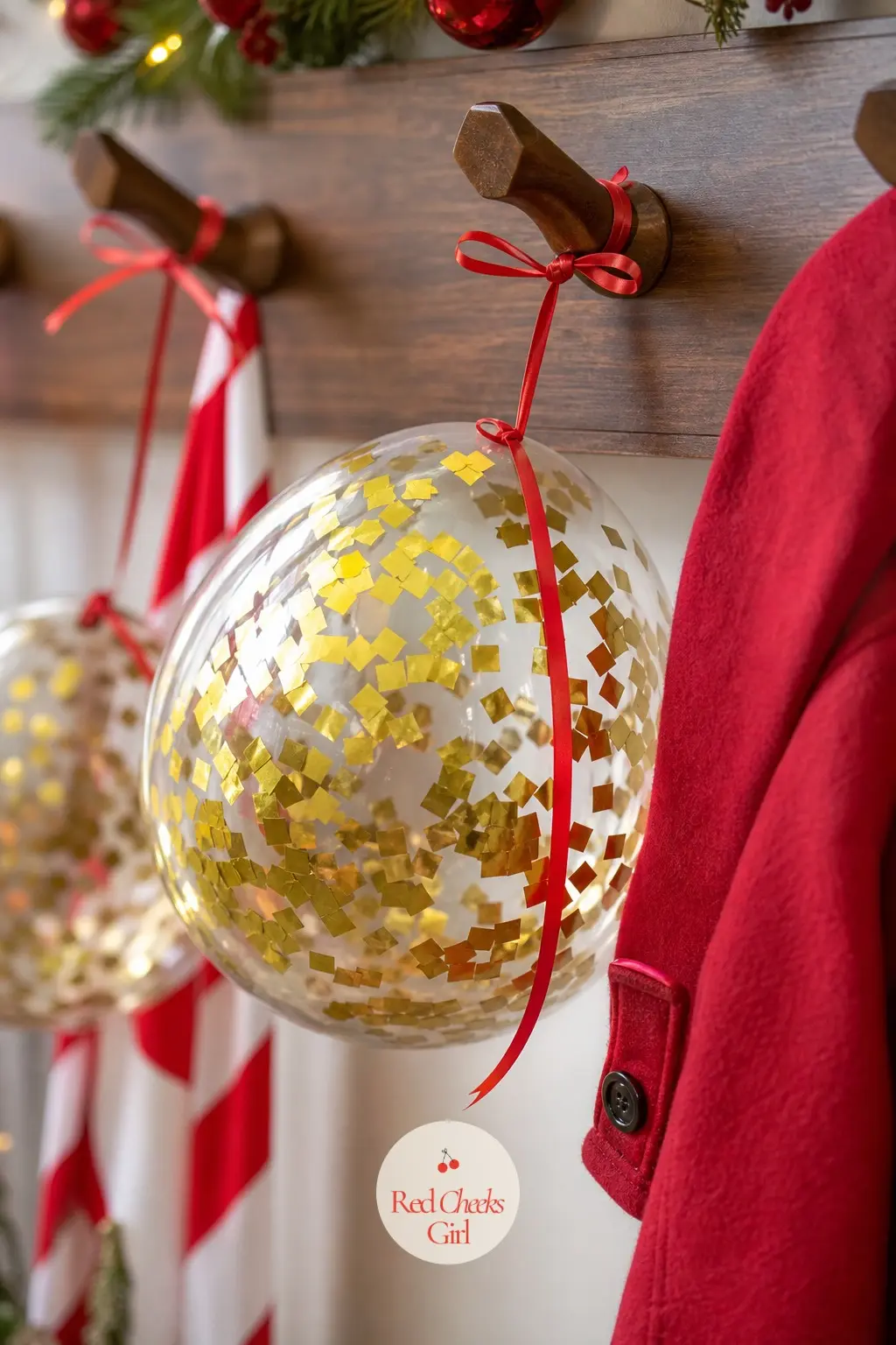 A Single Gold Confetti Balloon Clipped to Every Coat on the Rack — One small gold confetti balloon ties to each coat hook before guests arrive, so the coat