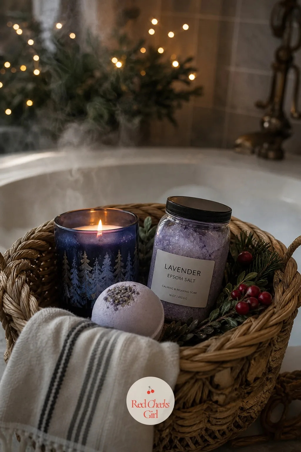 Candlelit Bath Soak Basket — Objection first: she will say the tub is for kids and dog hair, not her. Christmas basket gift ideas