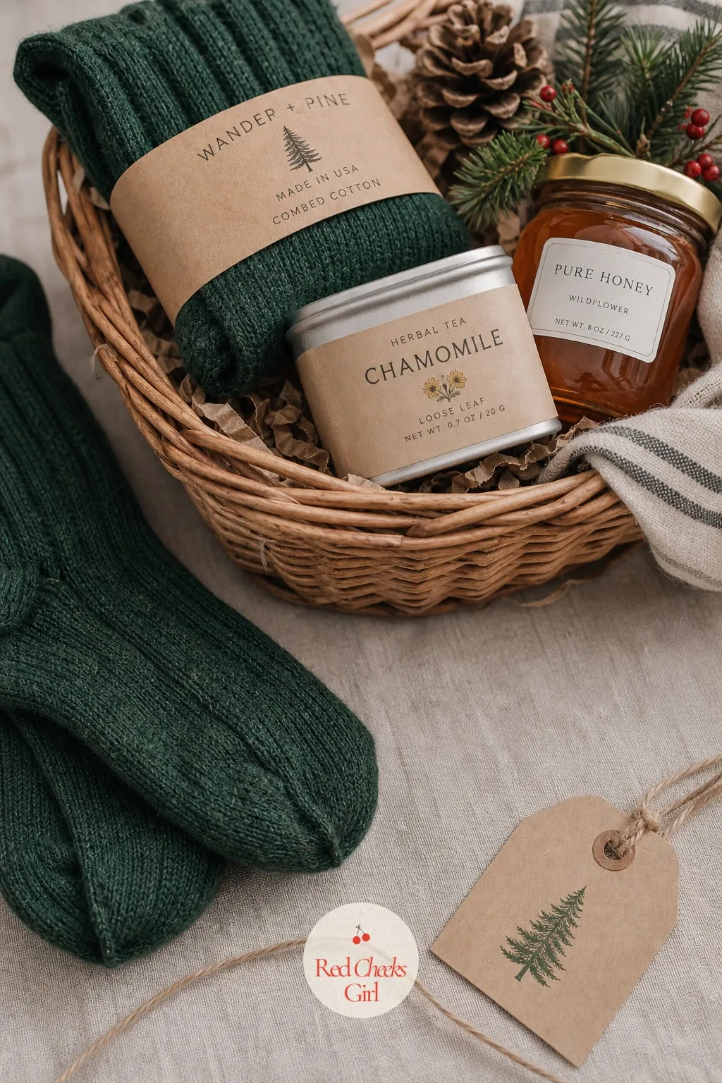 Chunky Sock and Herbal Tea Basket — This one is for the friend whose feet are cold from October to April and who would rather die than admit it. Christmas