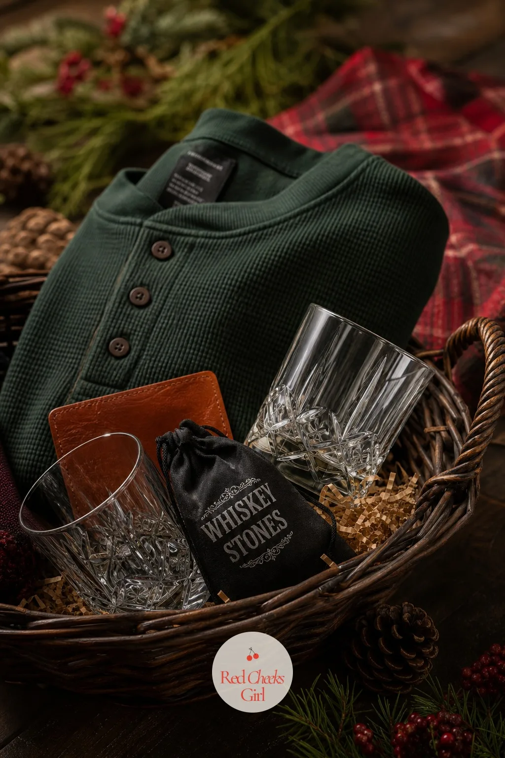 Flannel and Whiskey Basket for Him — He is impossible to shop for and has said so himself, more than once. Christmas basket gift ideas