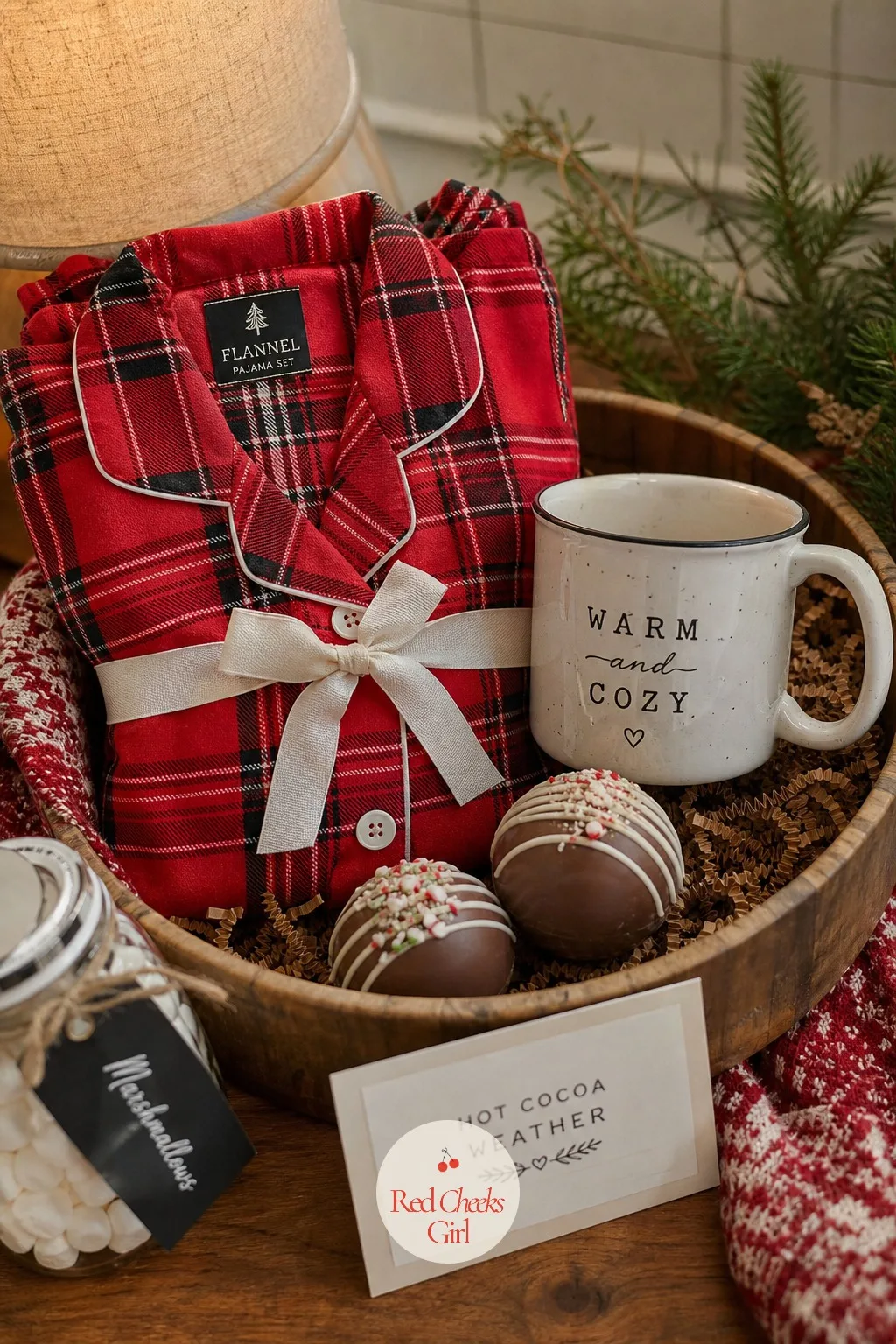 Hot Cocoa and Flannel Pajama Basket — She will say she already has pajamas. Christmas basket gift ideas