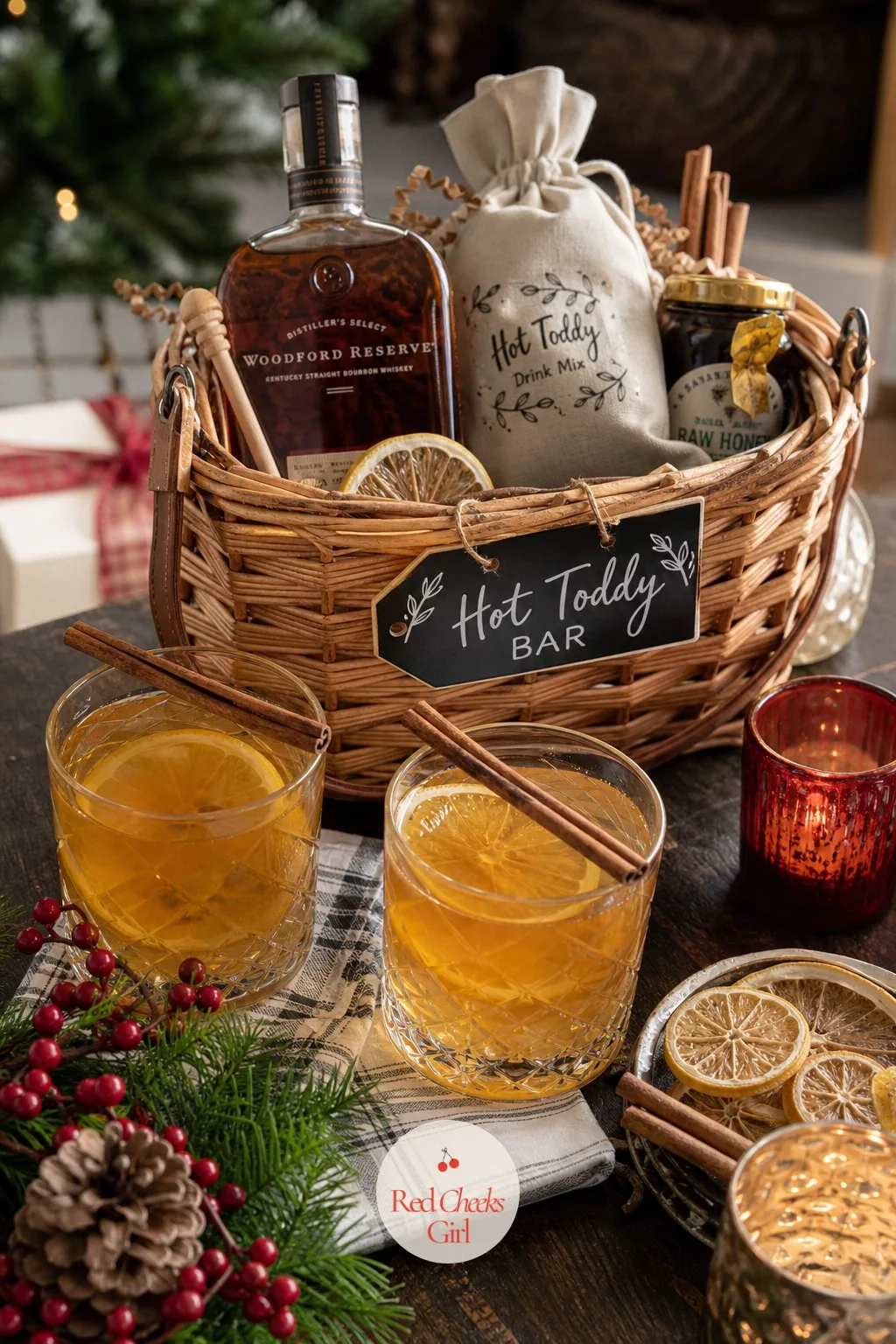 Hot Toddy Bar Basket — For the person who thinks a hot drink should have a little bite to it. Christmas basket gift ideas